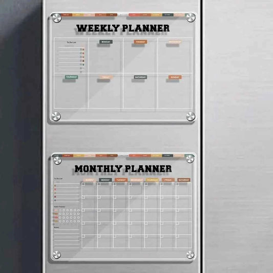 Magnetic acrylic weekly and monthly planner board with date grids and corner mounts