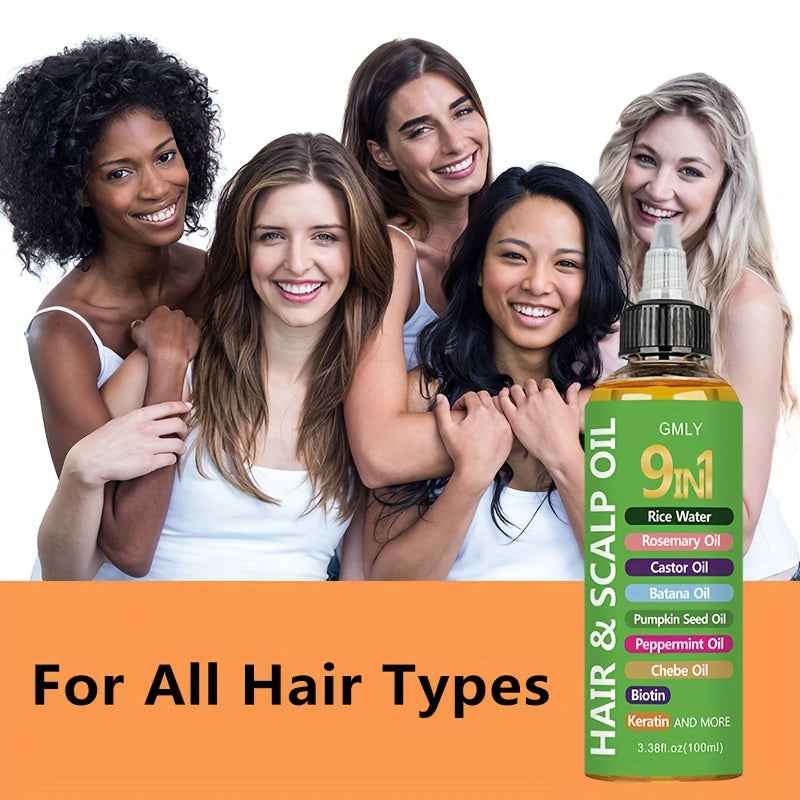 [9-in-1 Hair Oil] 9-in-1 Hair Oil with Rice Water, Rosemary Oil, Castor Oil, Batana Oil, Pumpkin Seed Oil, Peppermint Oil, Chebe Oil, Biotin, Keratin | Moisturizing Smoothness for All Hair Types, Split Ends, Deter Hair Breaka