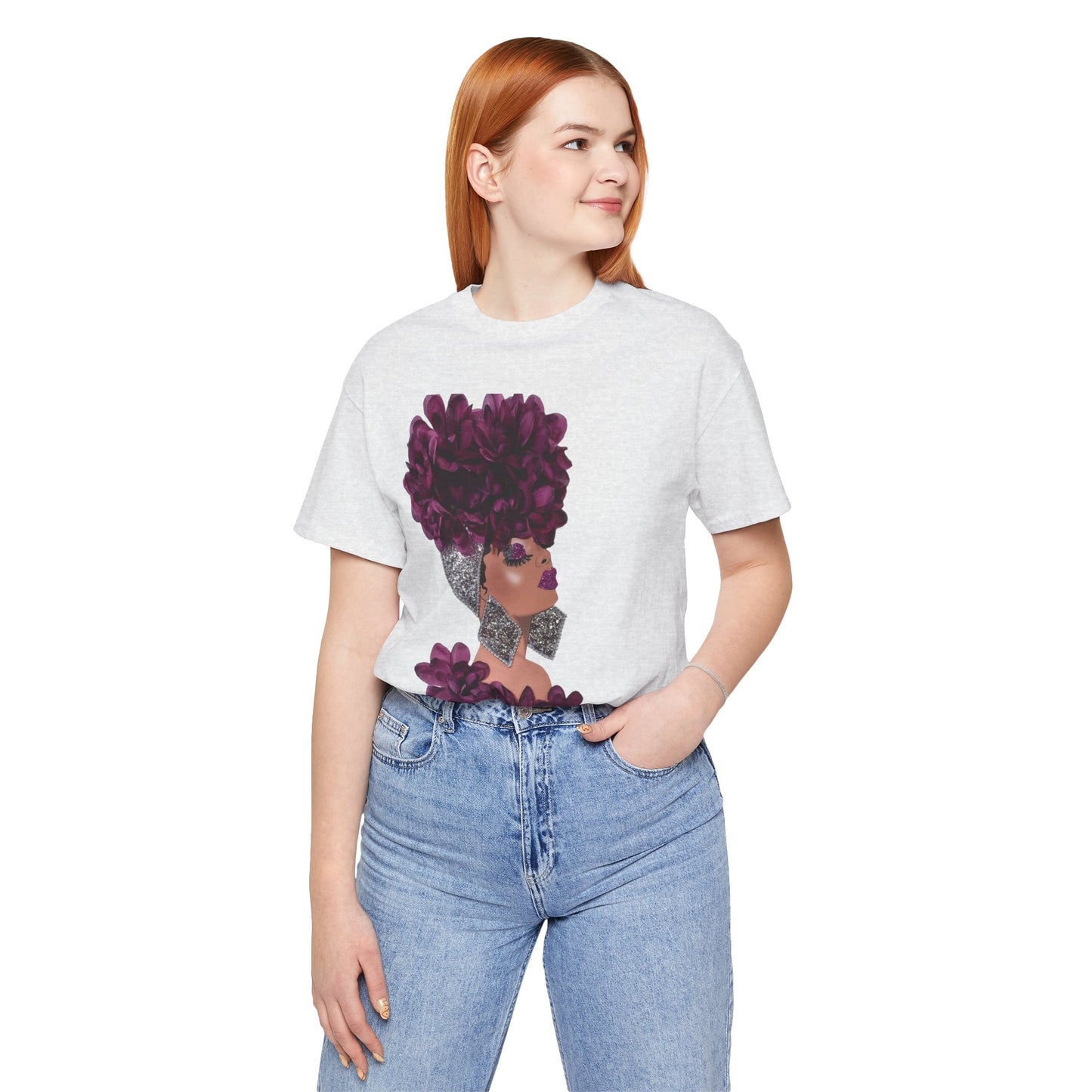 Floral Crown Fashion Tee — Glam Portrait Shirt with Purple Bloom Design