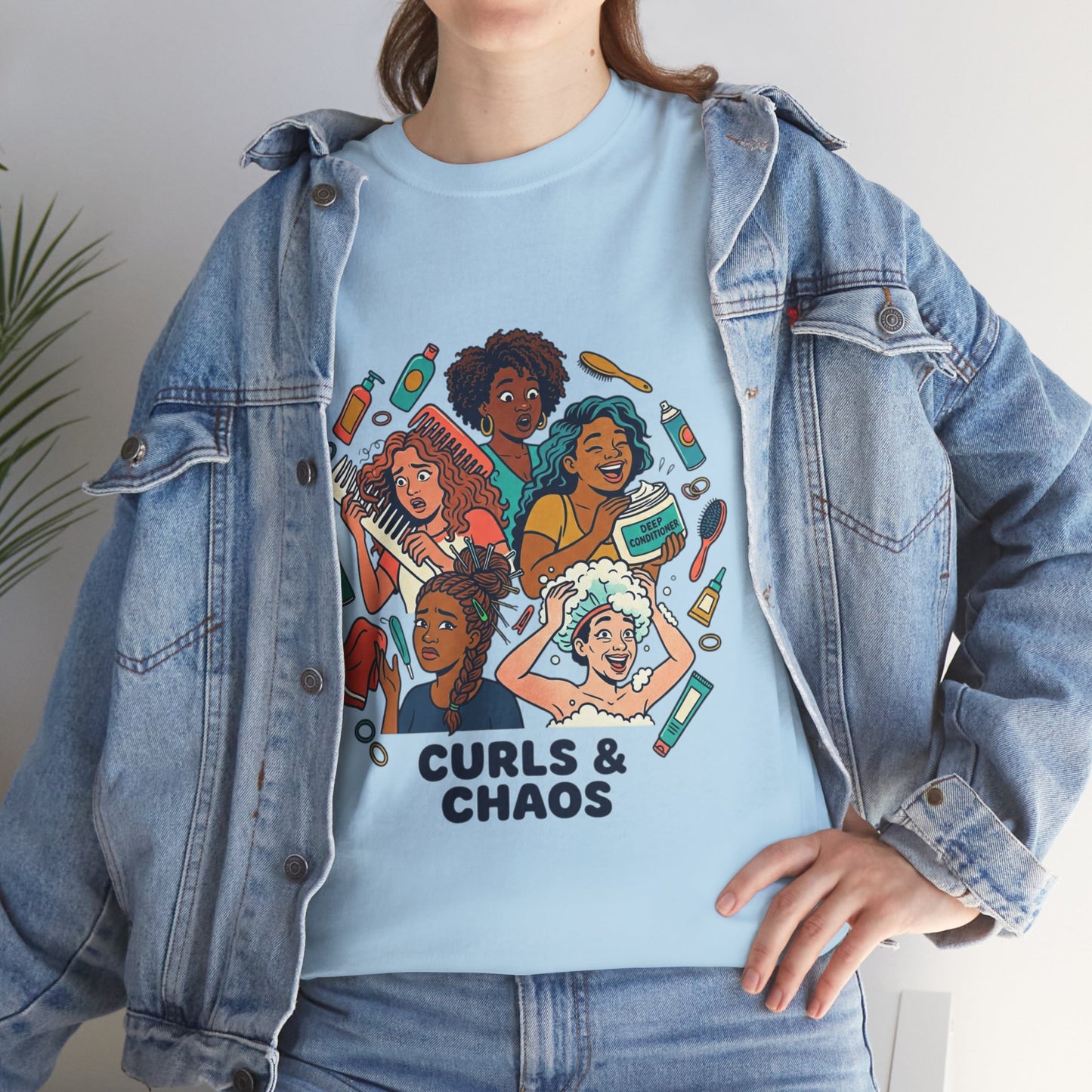 Curls & Chaos T-Shirt — Diverse Natural Hair Graphic Tee for Curly Hair Lovers