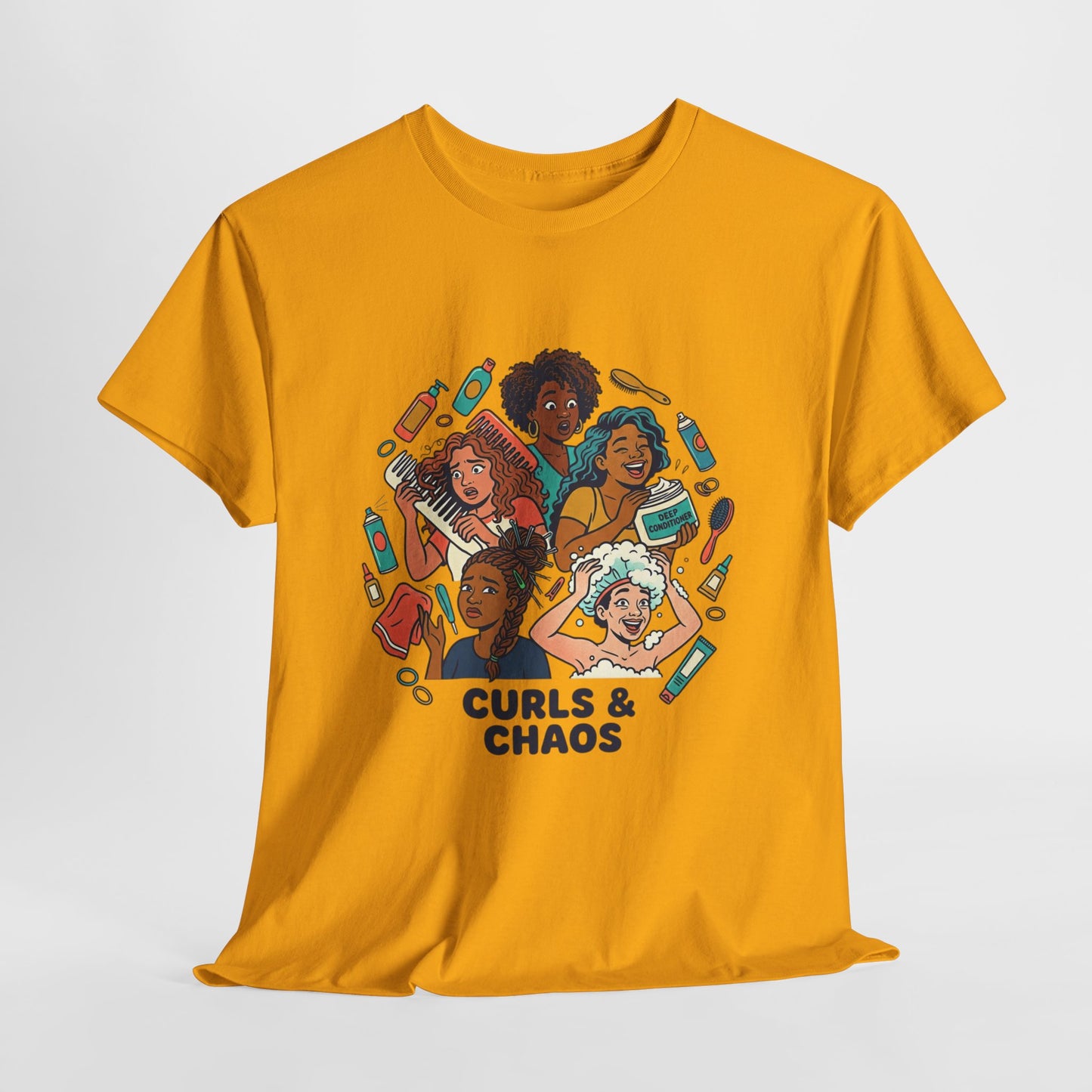 Curls & Chaos T-Shirt — Diverse Natural Hair Graphic Tee for Curly Hair Lovers