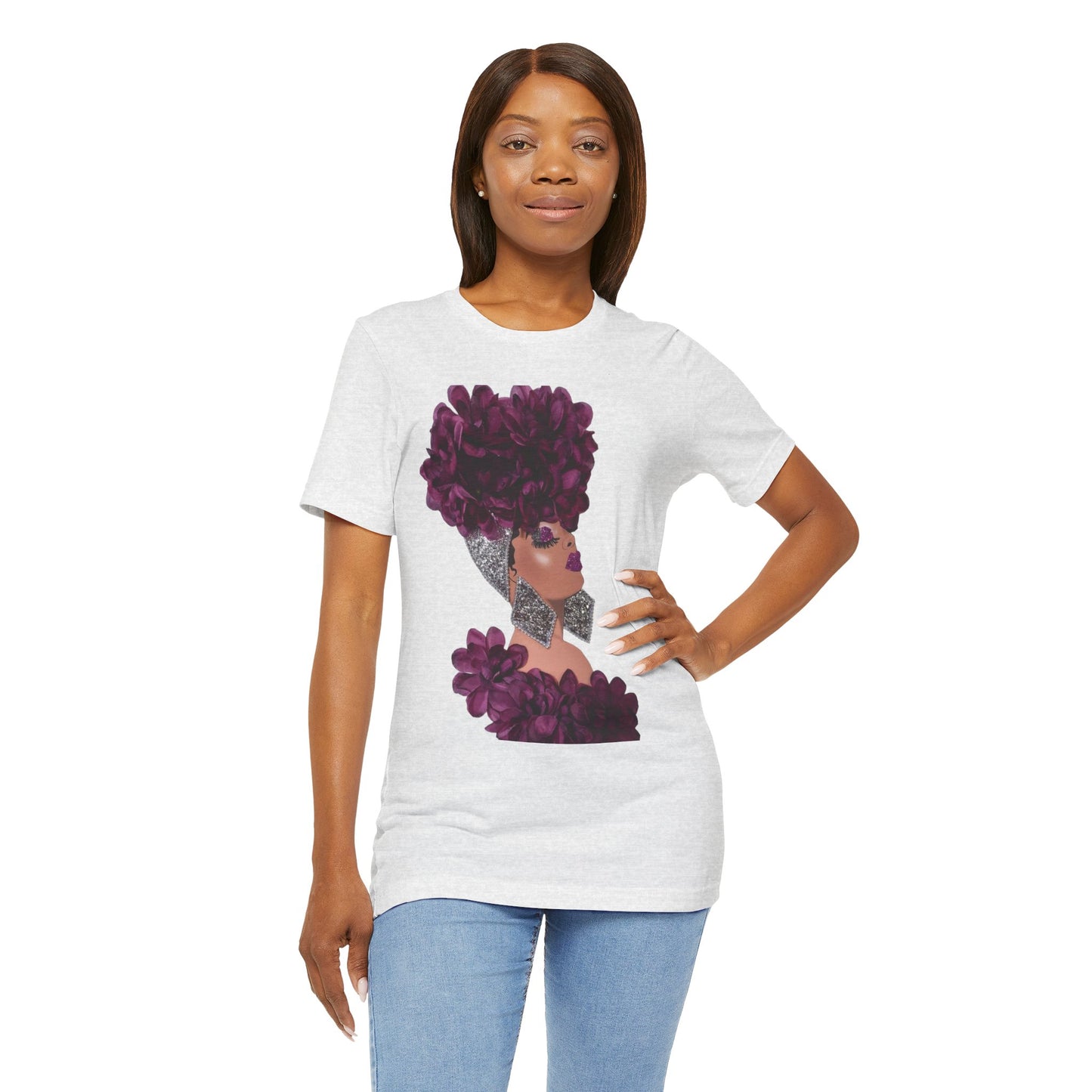 Floral Crown Fashion Tee — Glam Portrait Shirt with Purple Bloom Design