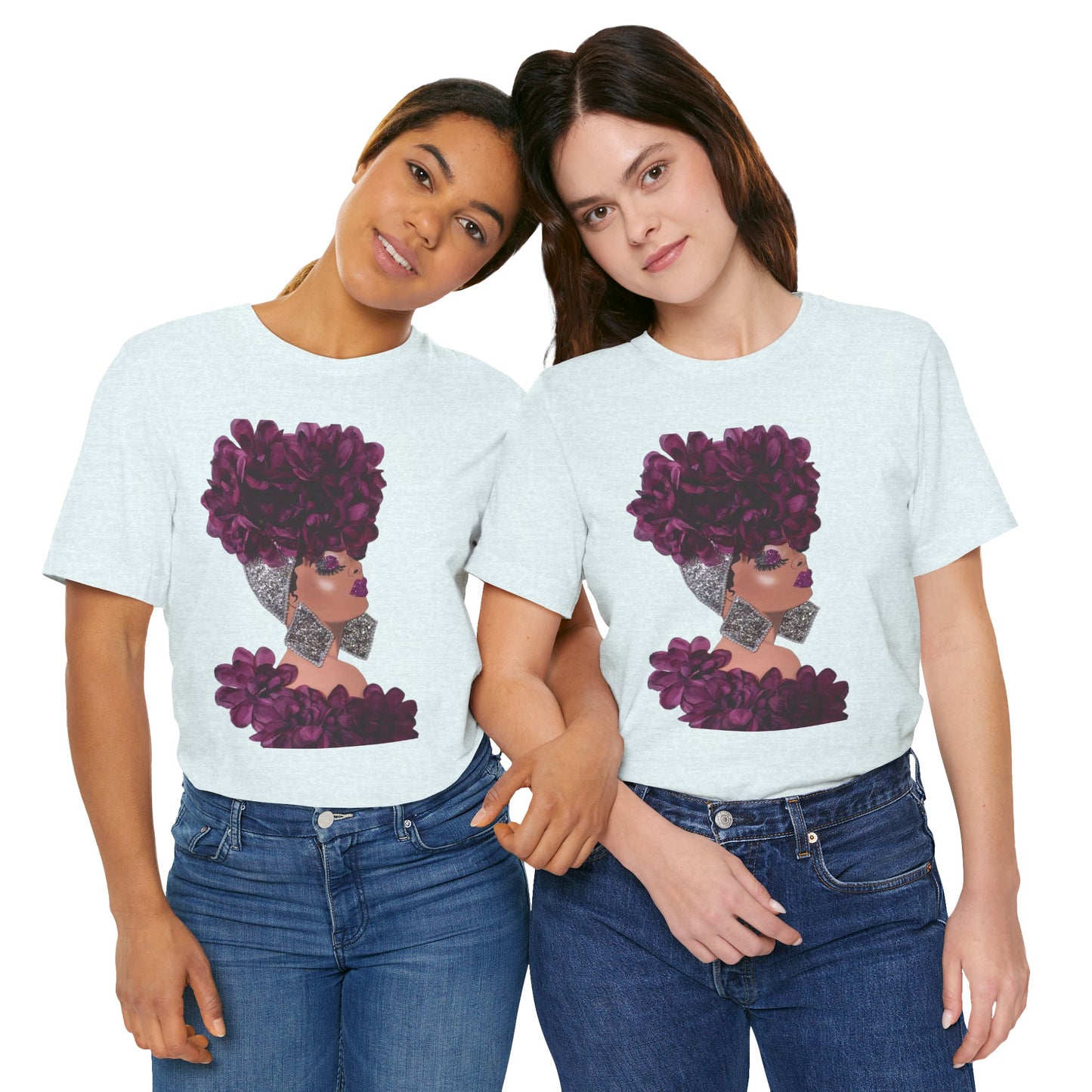Floral Crown Fashion Tee — Glam Portrait Shirt with Purple Bloom Design