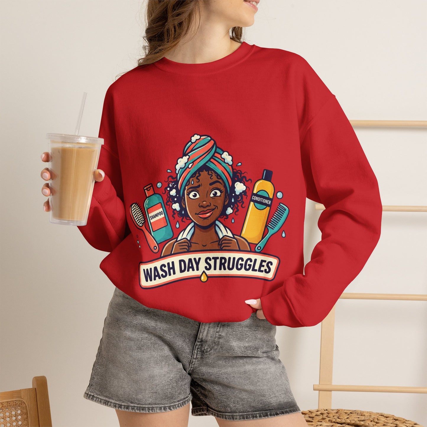Wash Day Struggles Sweatshirt — Funny Natural Hair Care Crewneck