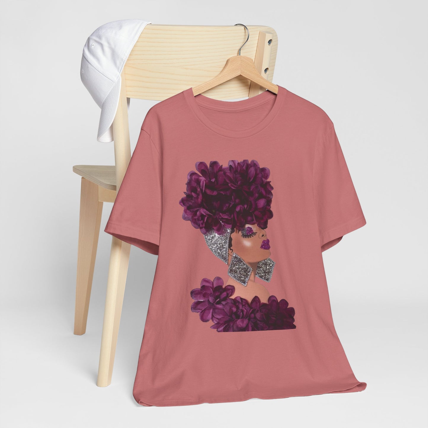 Floral Crown Fashion Tee — Glam Portrait Shirt with Purple Bloom Design