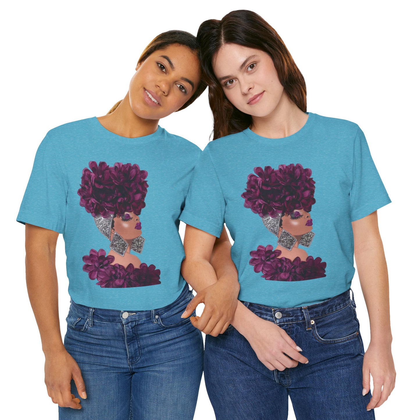 Floral Crown Fashion Tee — Glam Portrait Shirt with Purple Bloom Design