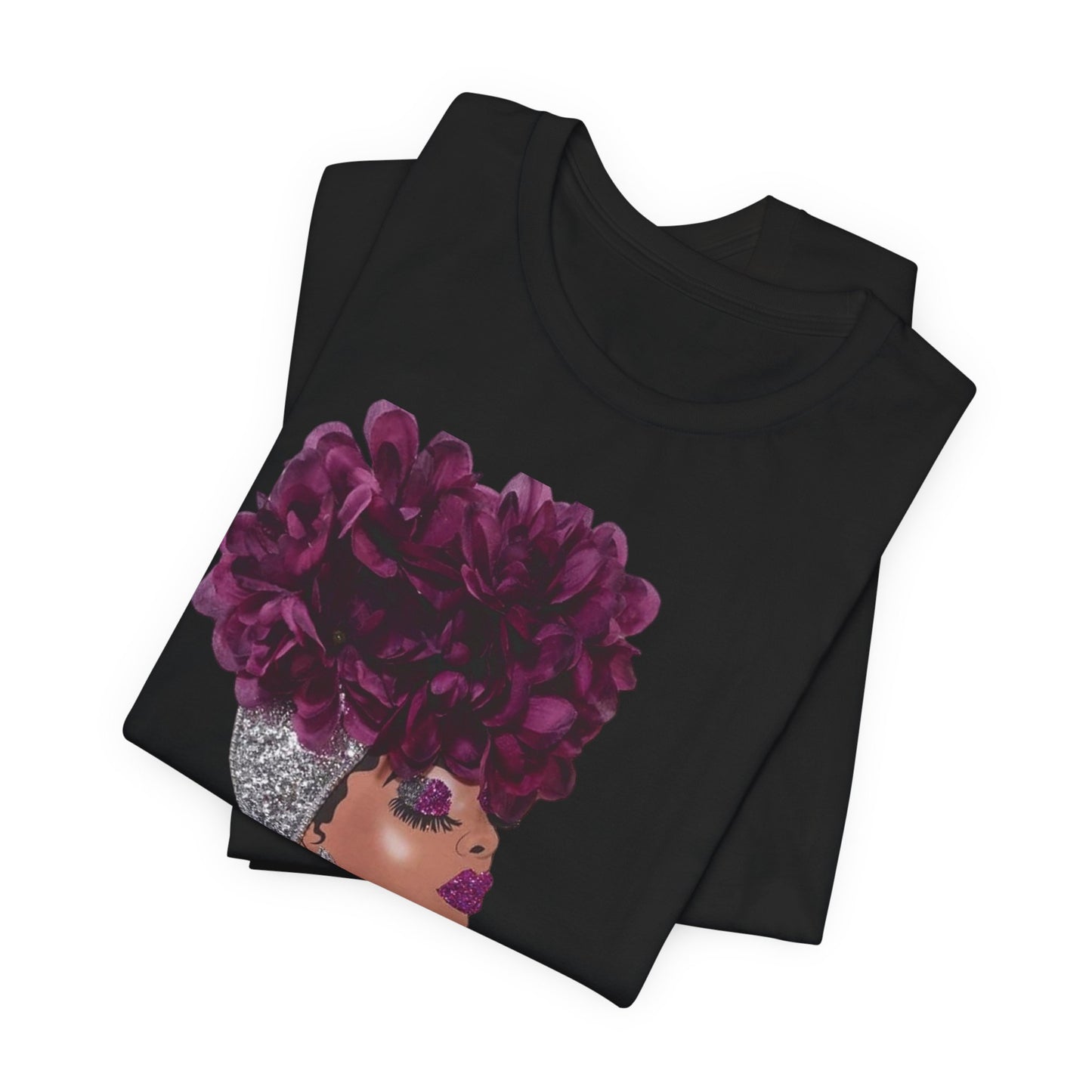 Floral Crown Fashion Tee — Glam Portrait Shirt with Purple Bloom Design