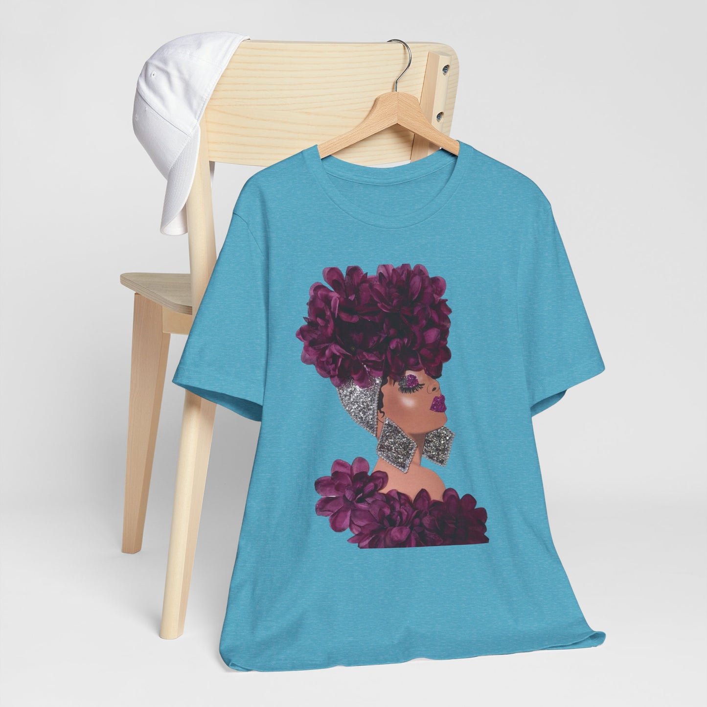 Floral Crown Fashion Tee — Glam Portrait Shirt with Purple Bloom Design