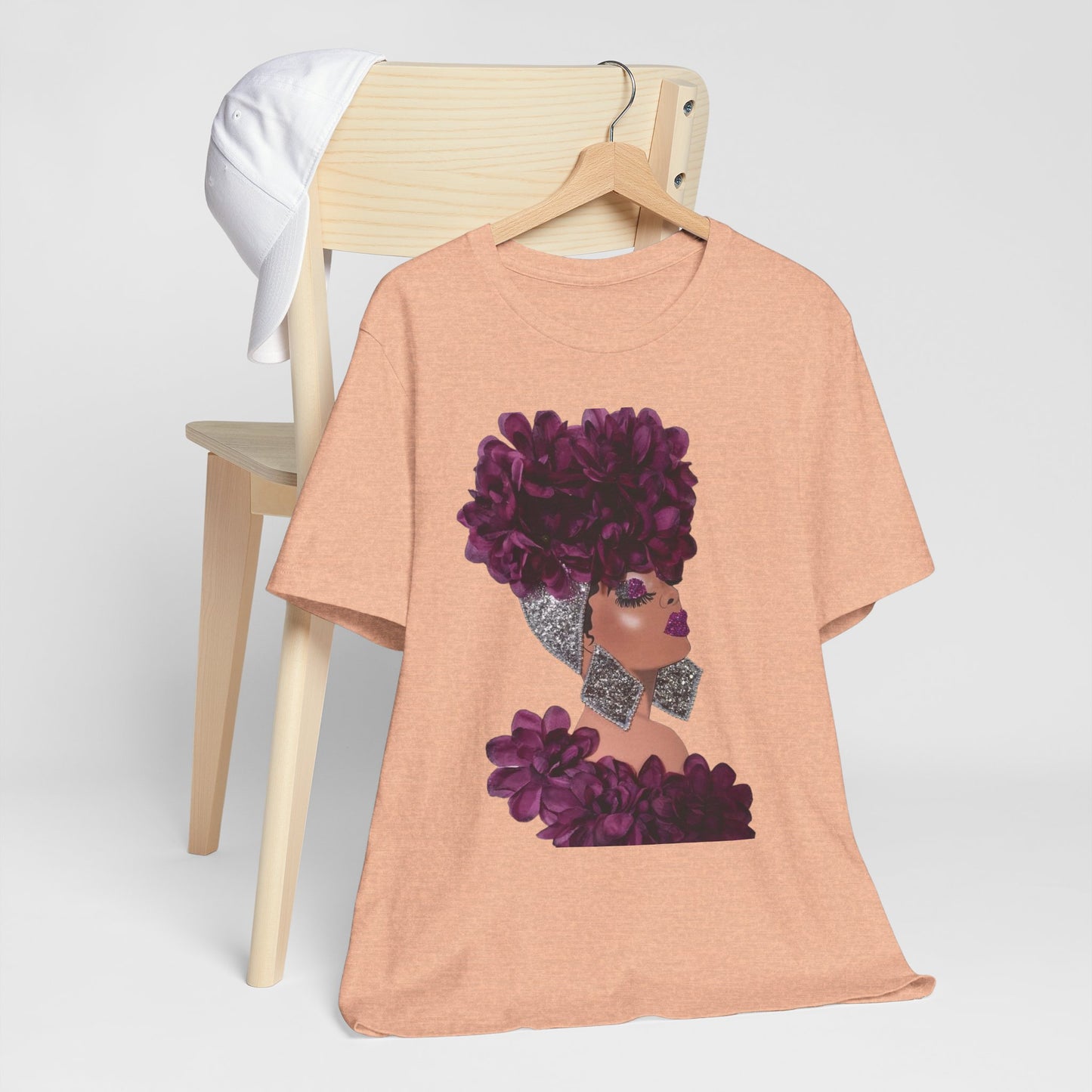 Floral Crown Fashion Tee — Glam Portrait Shirt with Purple Bloom Design