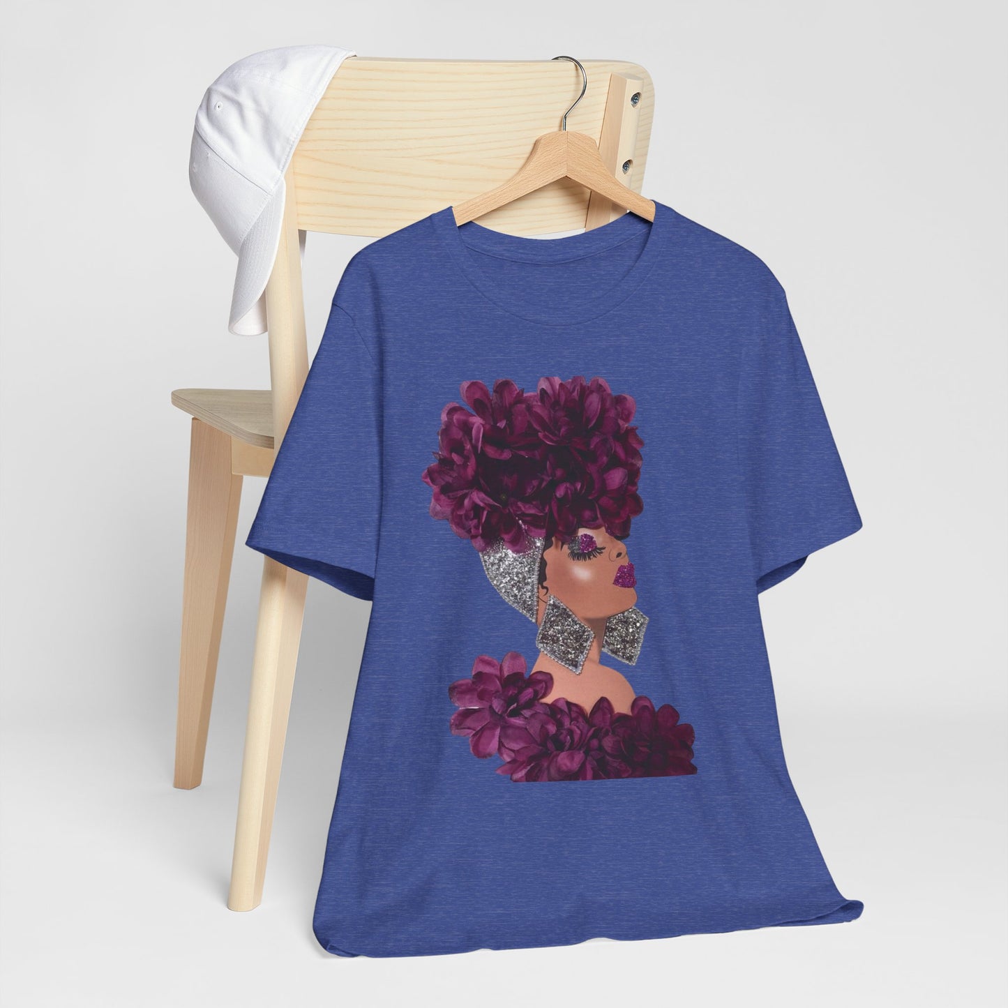 Floral Crown Fashion Tee — Glam Portrait Shirt with Purple Bloom Design