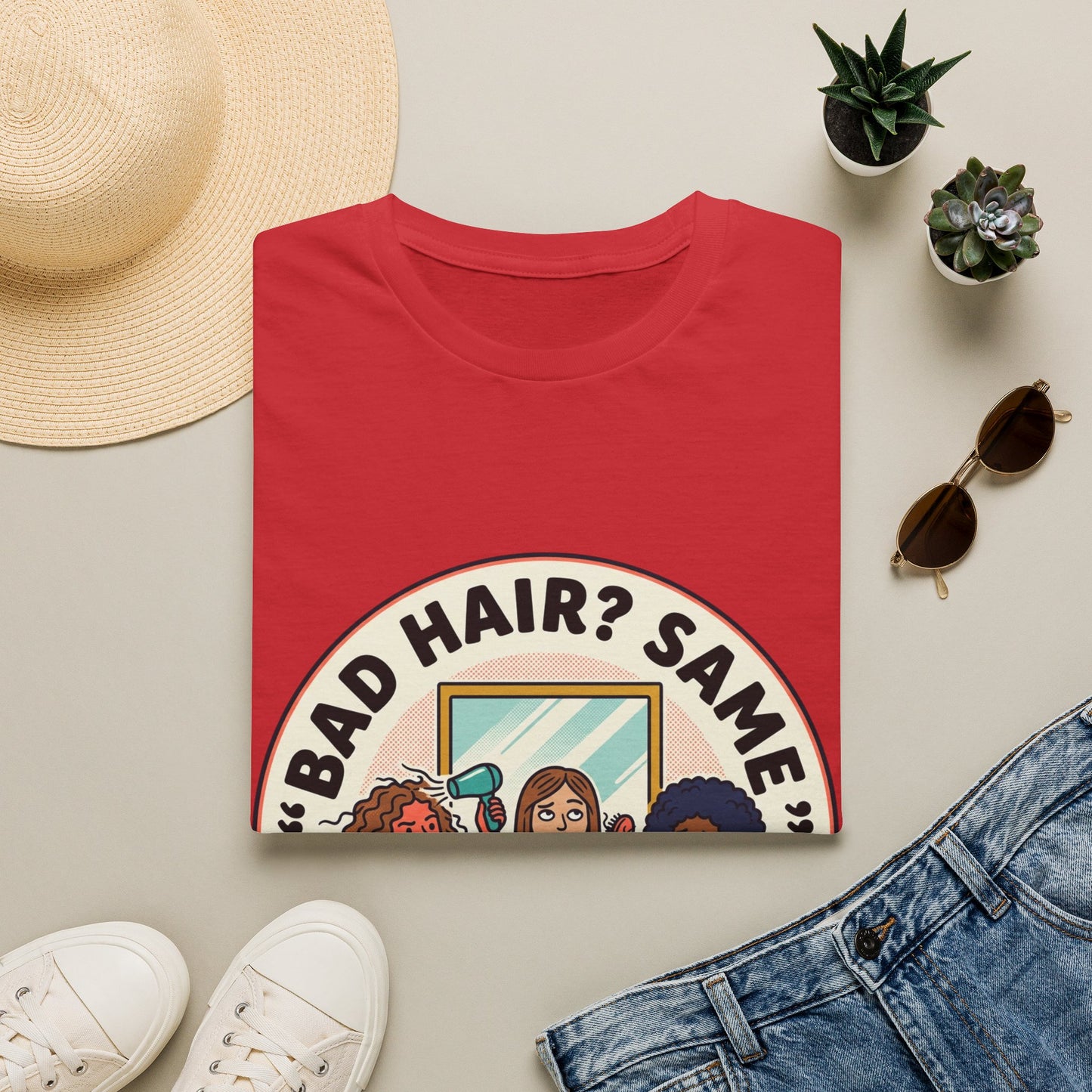 T-Shirt — "Bad Hair? Same. Every. Single. Morning." Graphic Tee for Women