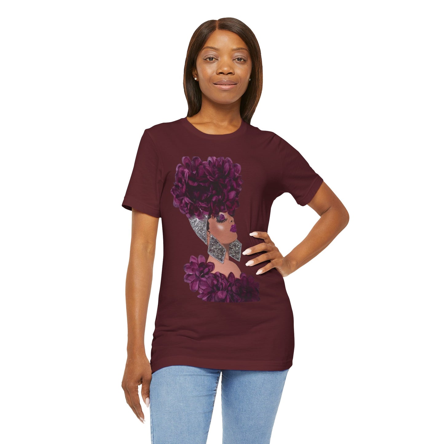 Floral Crown Fashion Tee — Glam Portrait Shirt with Purple Bloom Design