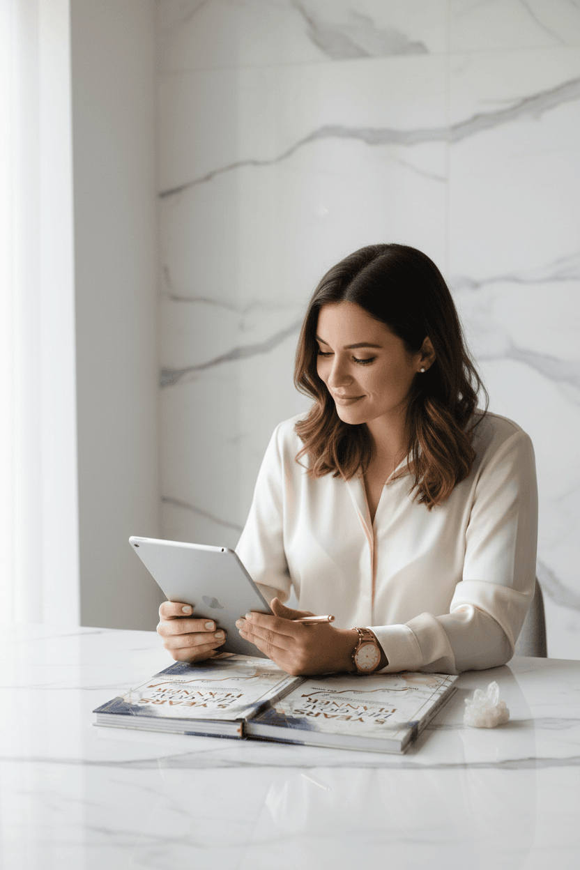 Life goal planner open on desk as woman writes on the pages