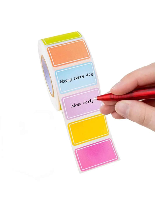 Removable color-coded label stickers with pastel boxes and handwritten text areas