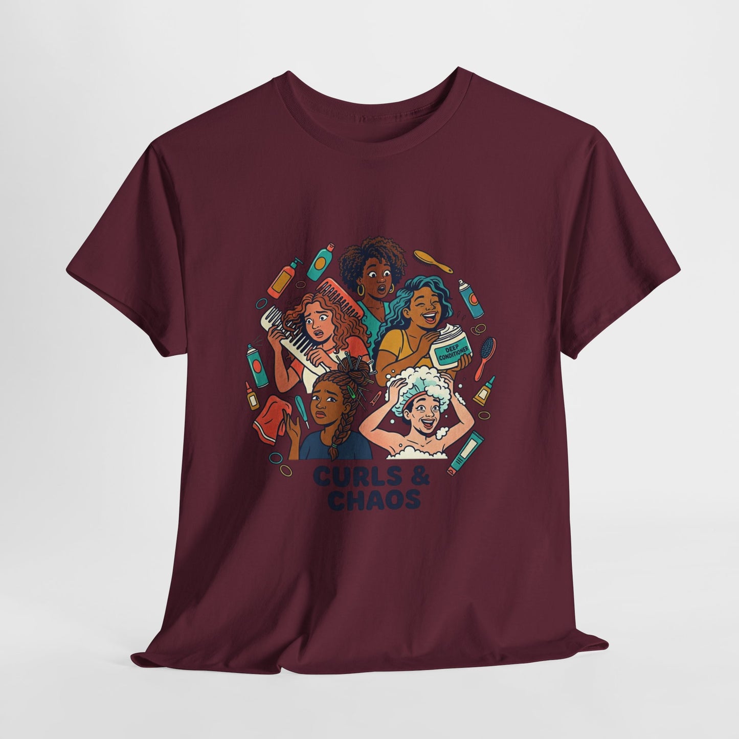 Curls & Chaos T-Shirt — Diverse Natural Hair Graphic Tee for Curly Hair Lovers