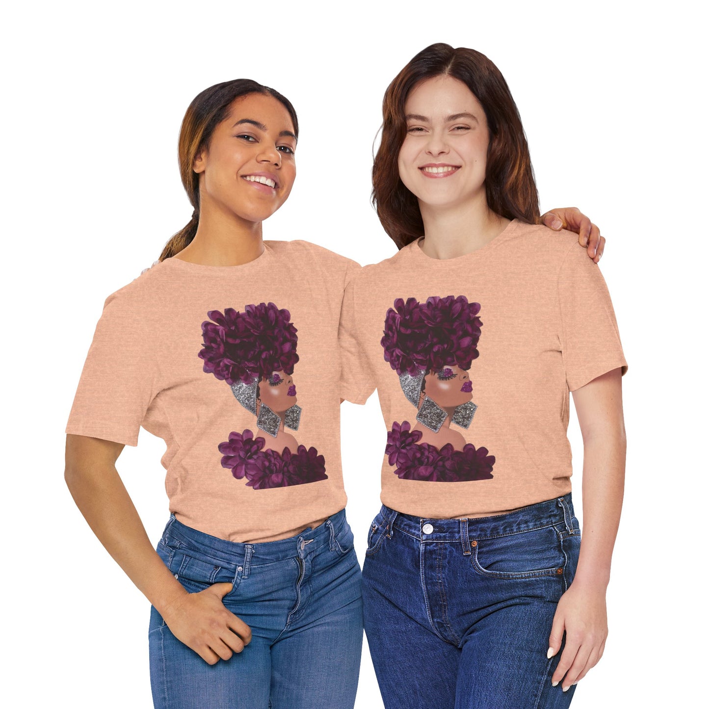 Floral Crown Fashion Tee — Glam Portrait Shirt with Purple Bloom Design