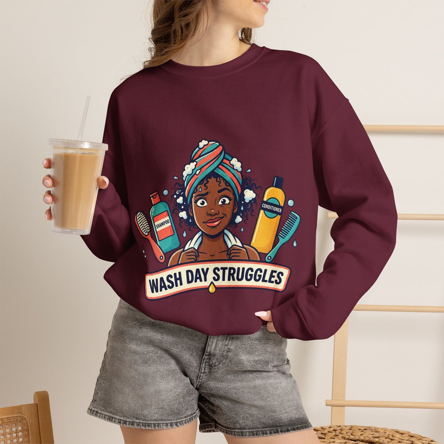 Wash Day Struggles Sweatshirt — Funny Natural Hair Care Crewneck