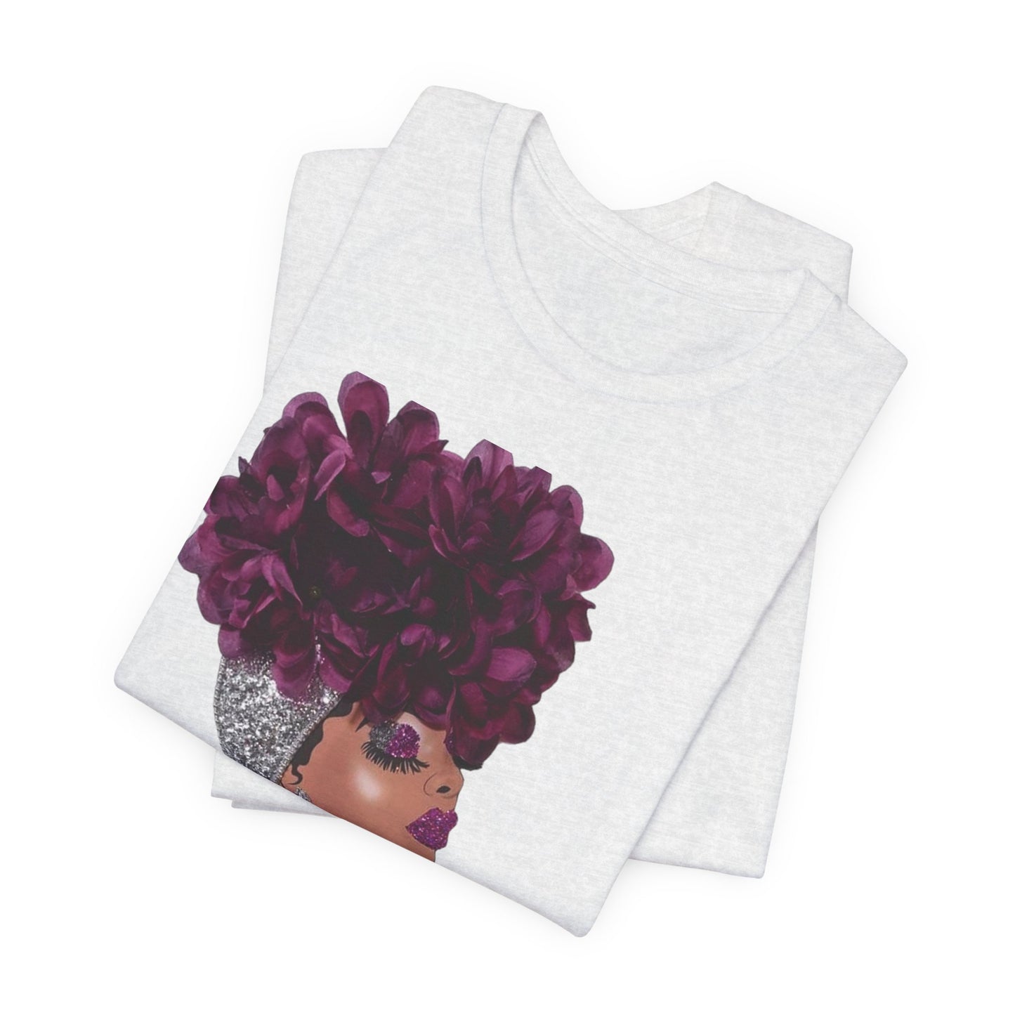 Floral Crown Fashion Tee — Glam Portrait Shirt with Purple Bloom Design