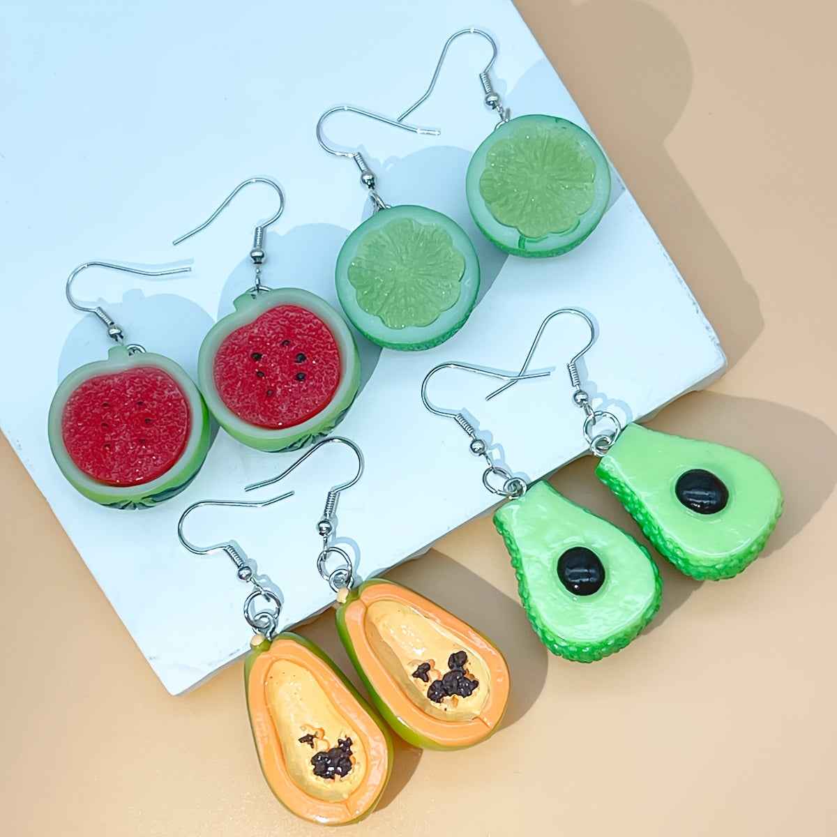4 Pairs of Cute Resin Watermelon, Lemon, Avocado, and Papaya Funny Pendant Earrings Set for St, Patrick'S Day