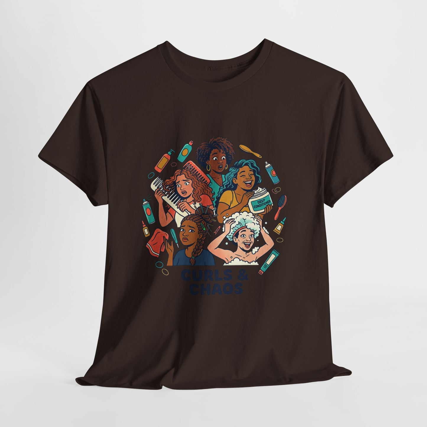 Curls & Chaos T-Shirt — Diverse Natural Hair Graphic Tee for Curly Hair Lovers