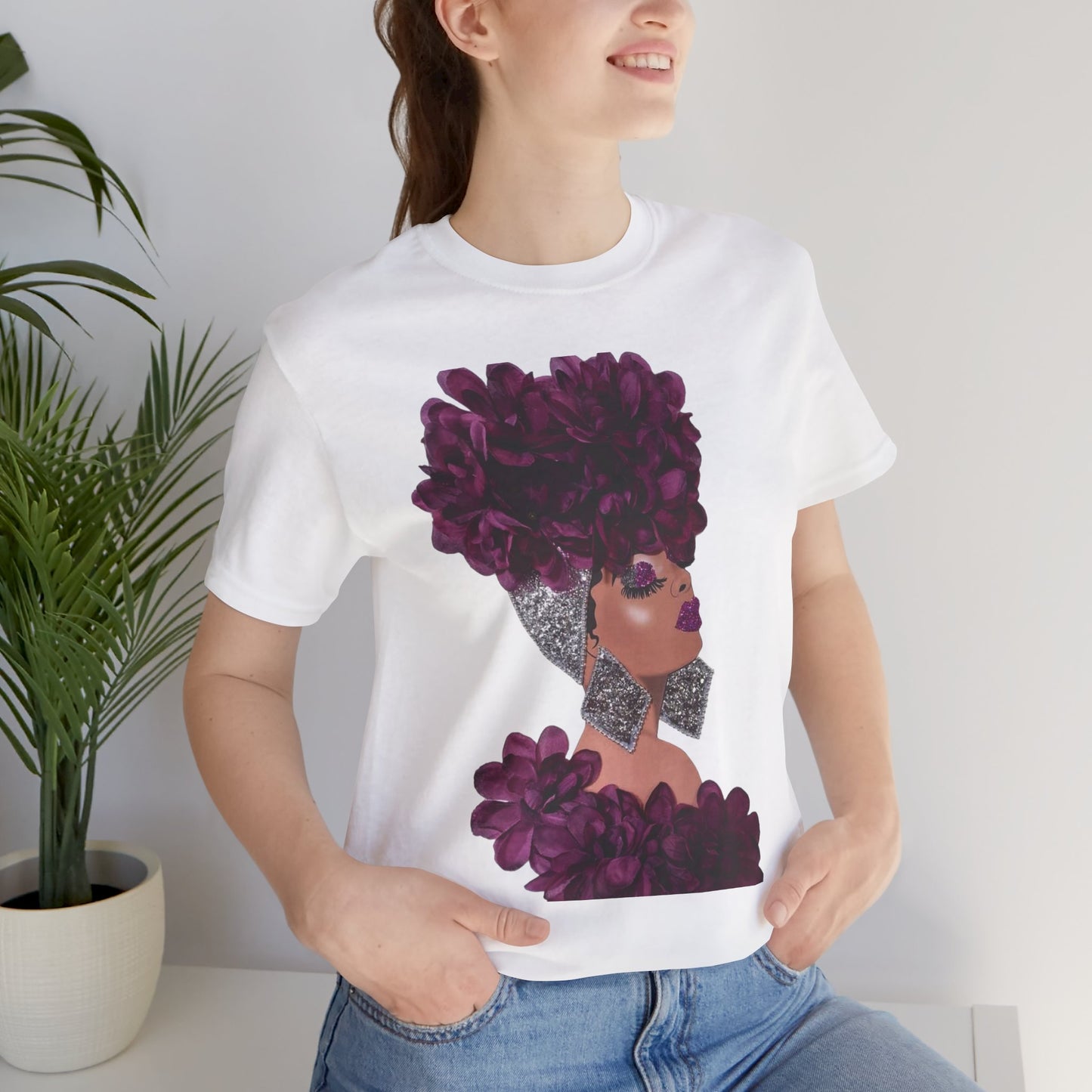 Floral Crown Fashion Tee — Glam Portrait Shirt with Purple Bloom Design