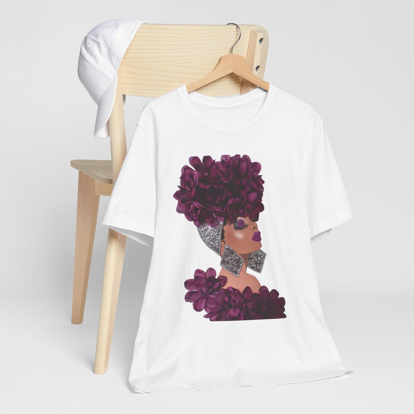 Floral Crown Fashion Tee — Glam Portrait Shirt with Purple Bloom Design