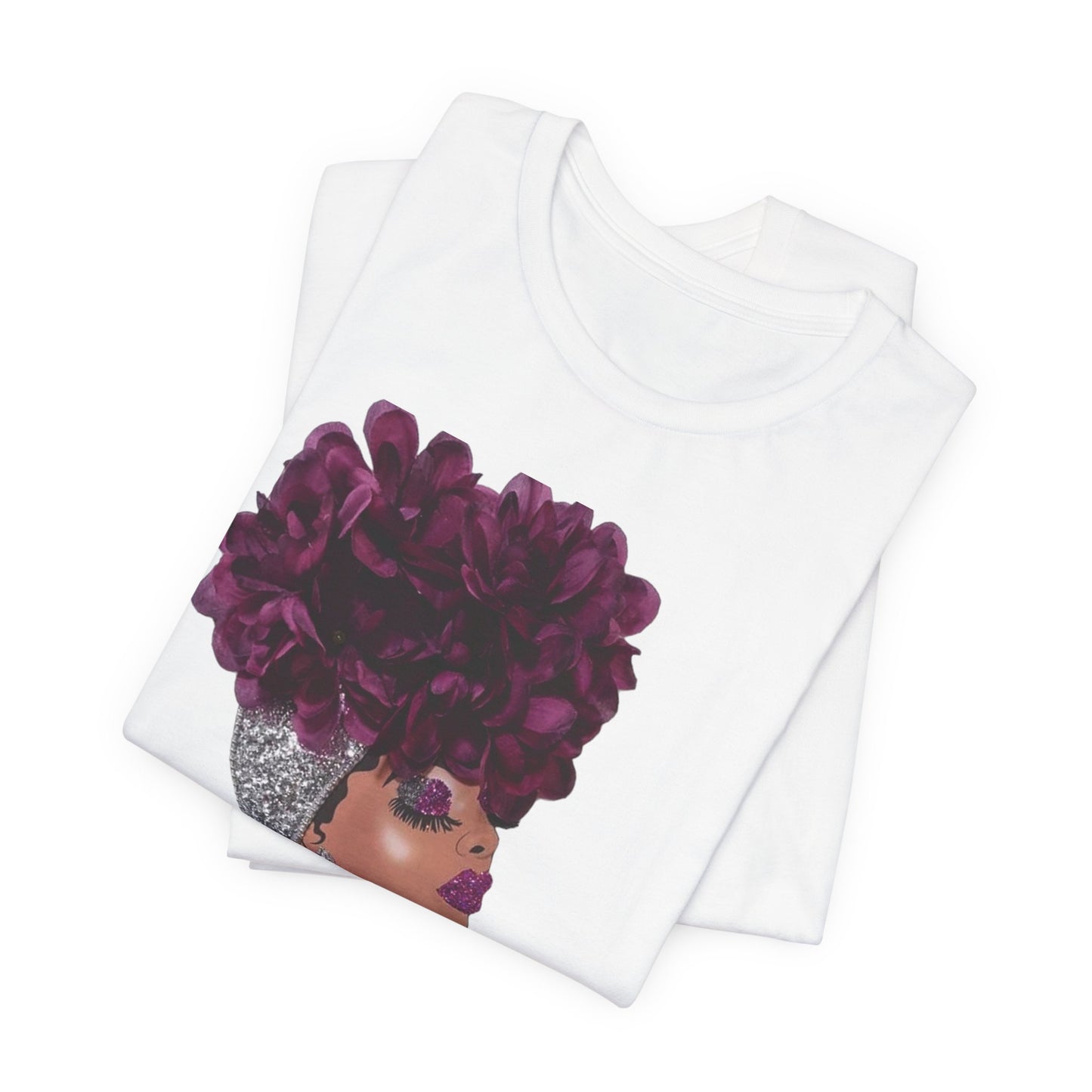 Floral Crown Fashion Tee — Glam Portrait Shirt with Purple Bloom Design