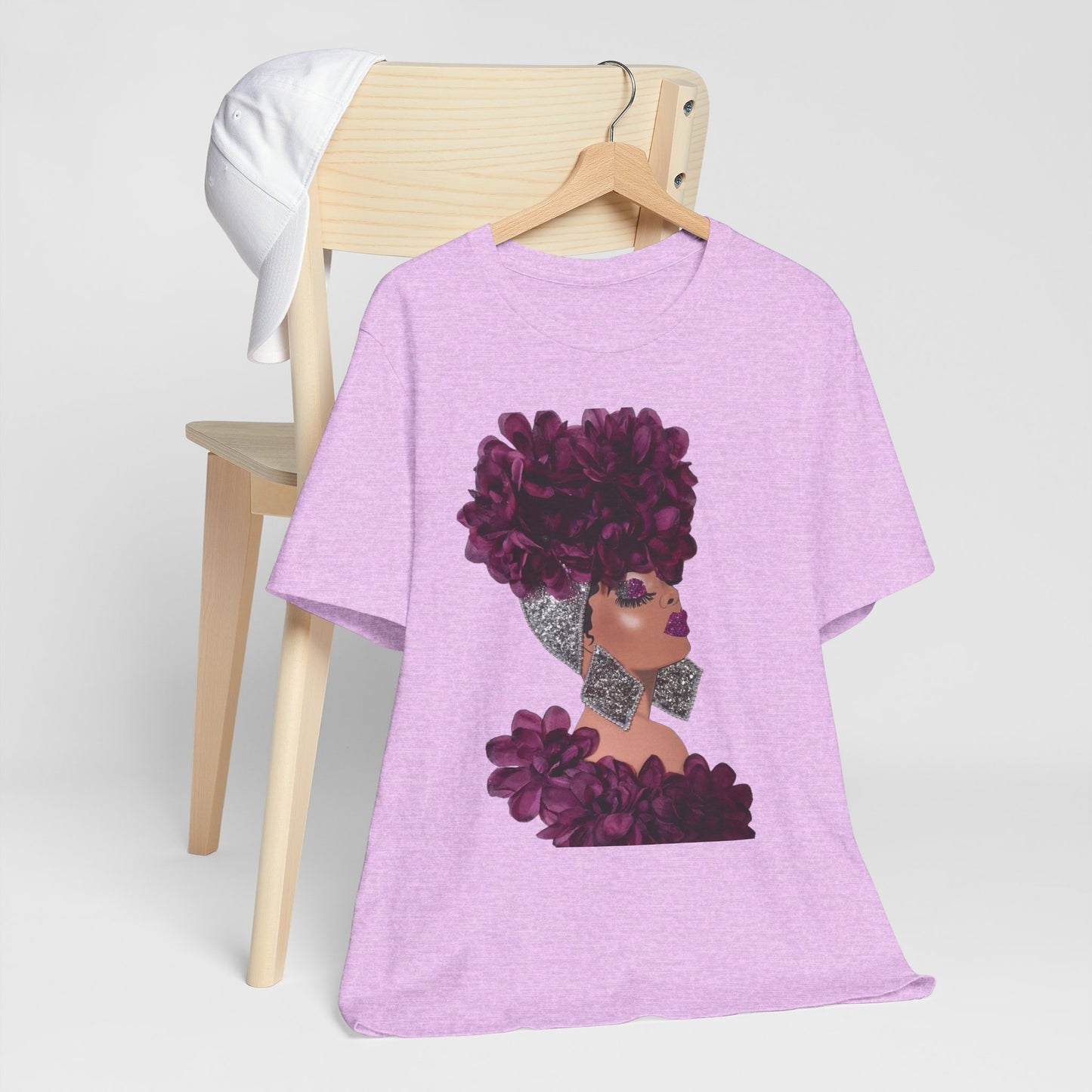 Floral Crown Fashion Tee — Glam Portrait Shirt with Purple Bloom Design