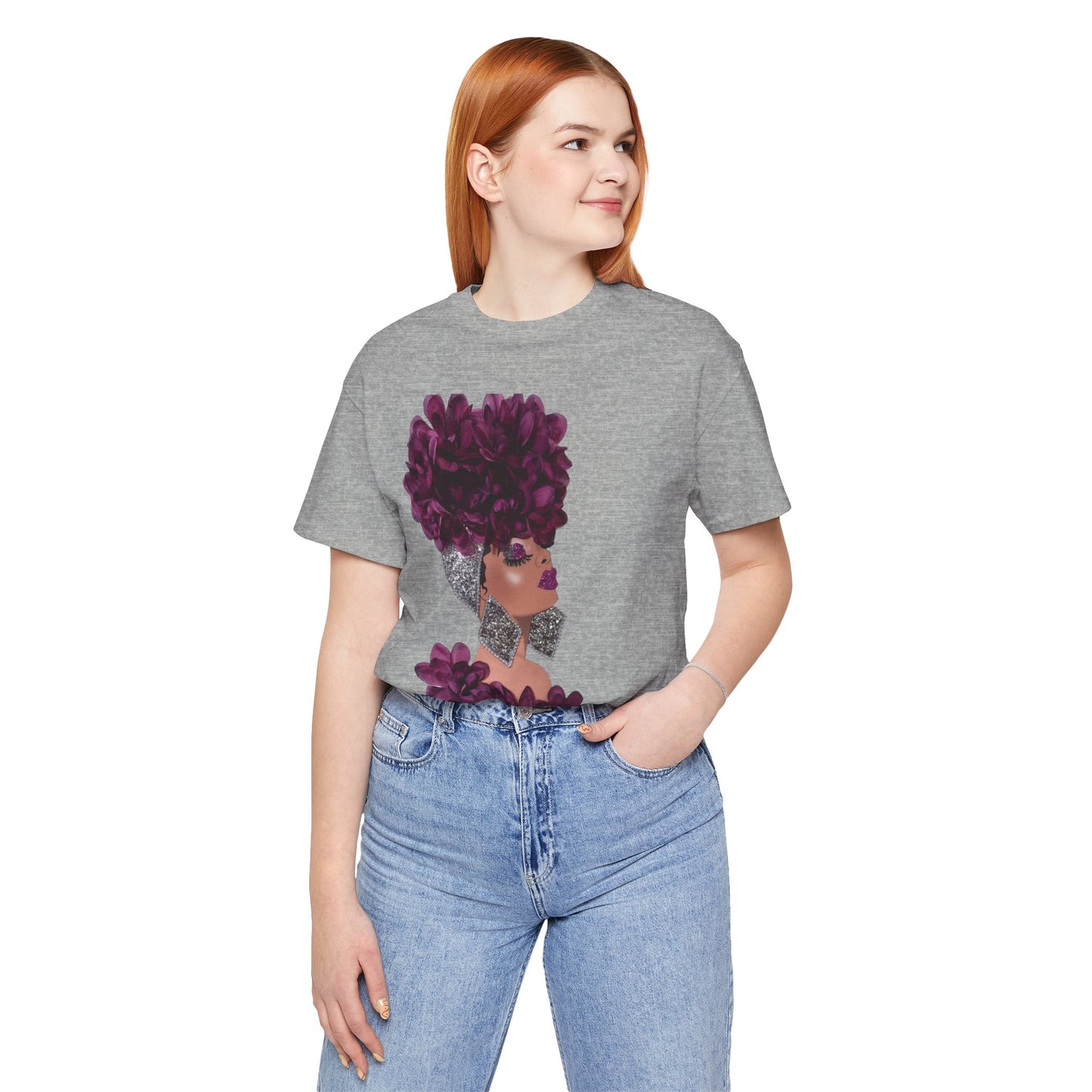 Floral Crown Fashion Tee — Glam Portrait Shirt with Purple Bloom Design