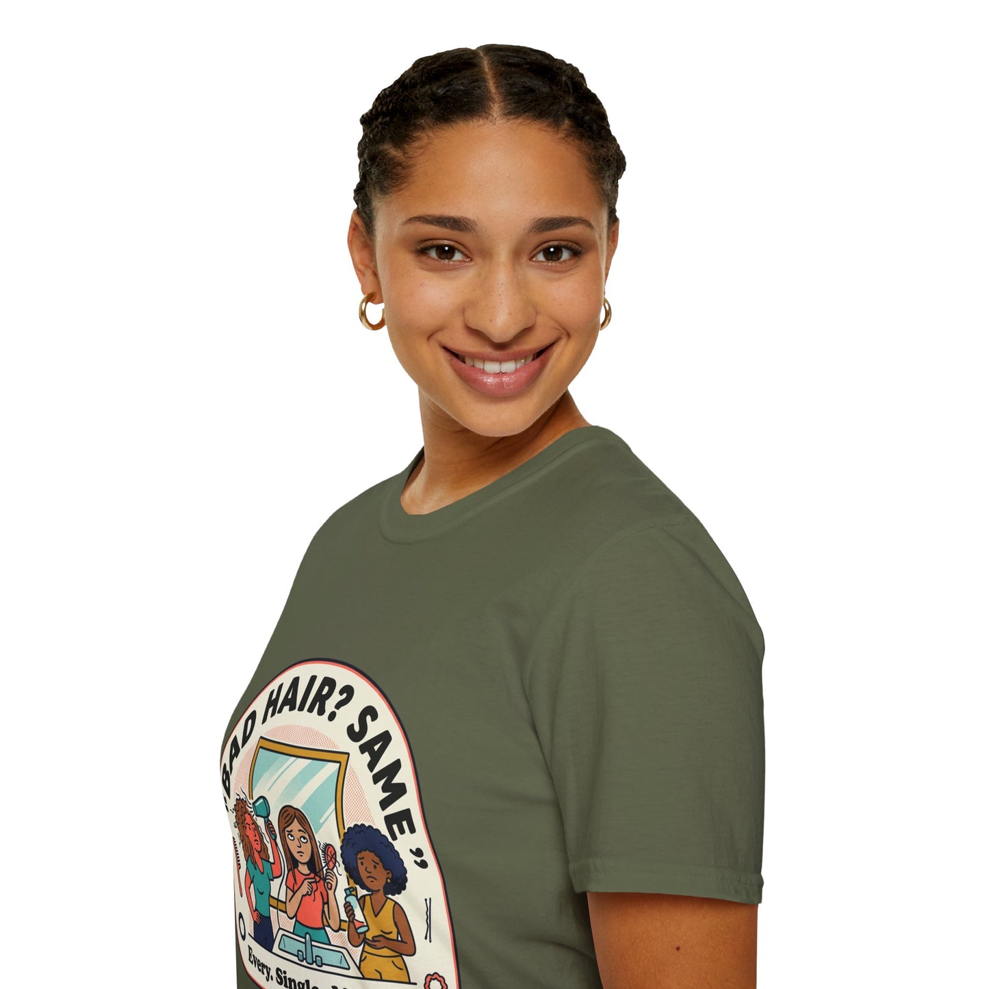 T-Shirt — "Bad Hair? Same. Every. Single. Morning." Graphic Tee for Women