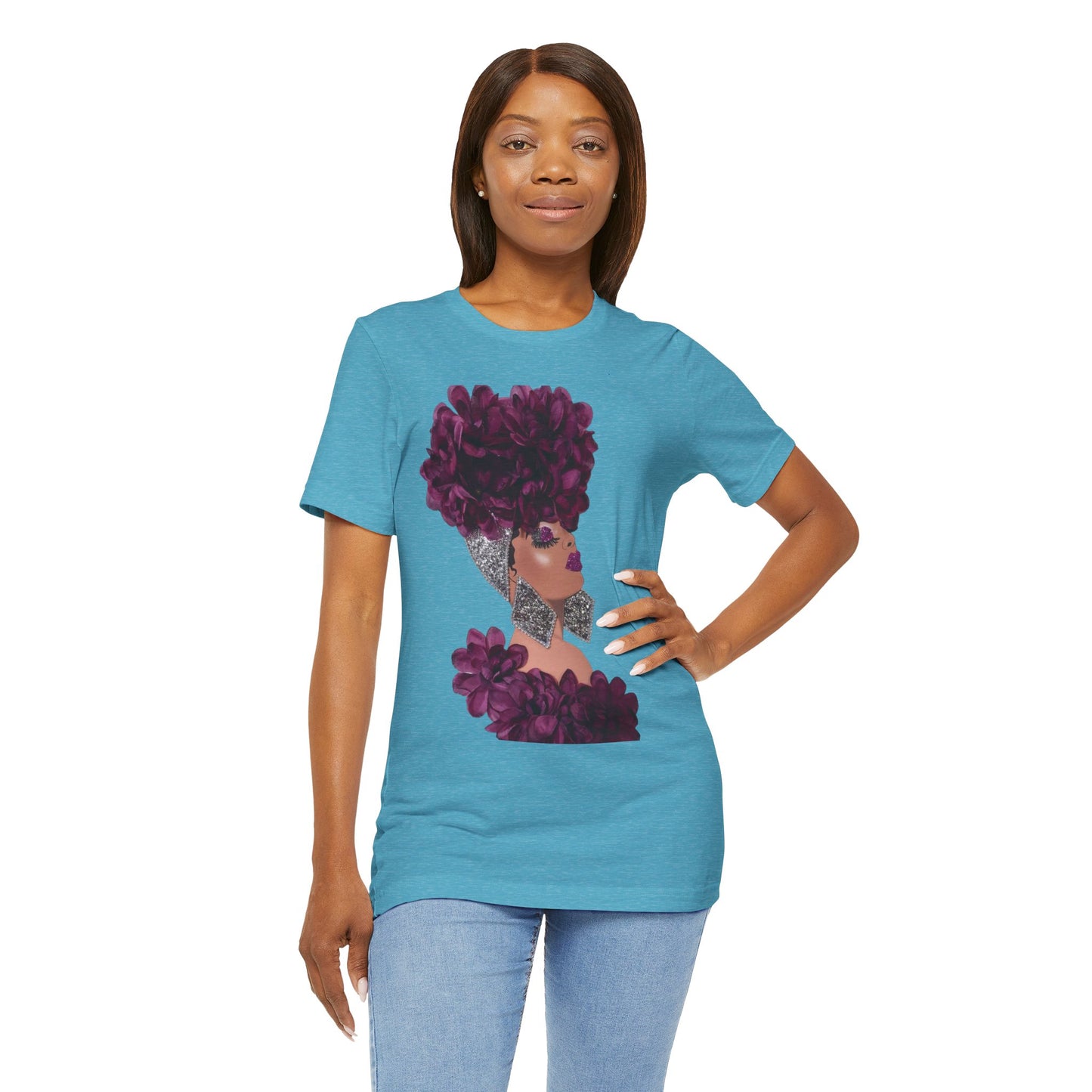 Floral Crown Fashion Tee — Glam Portrait Shirt with Purple Bloom Design