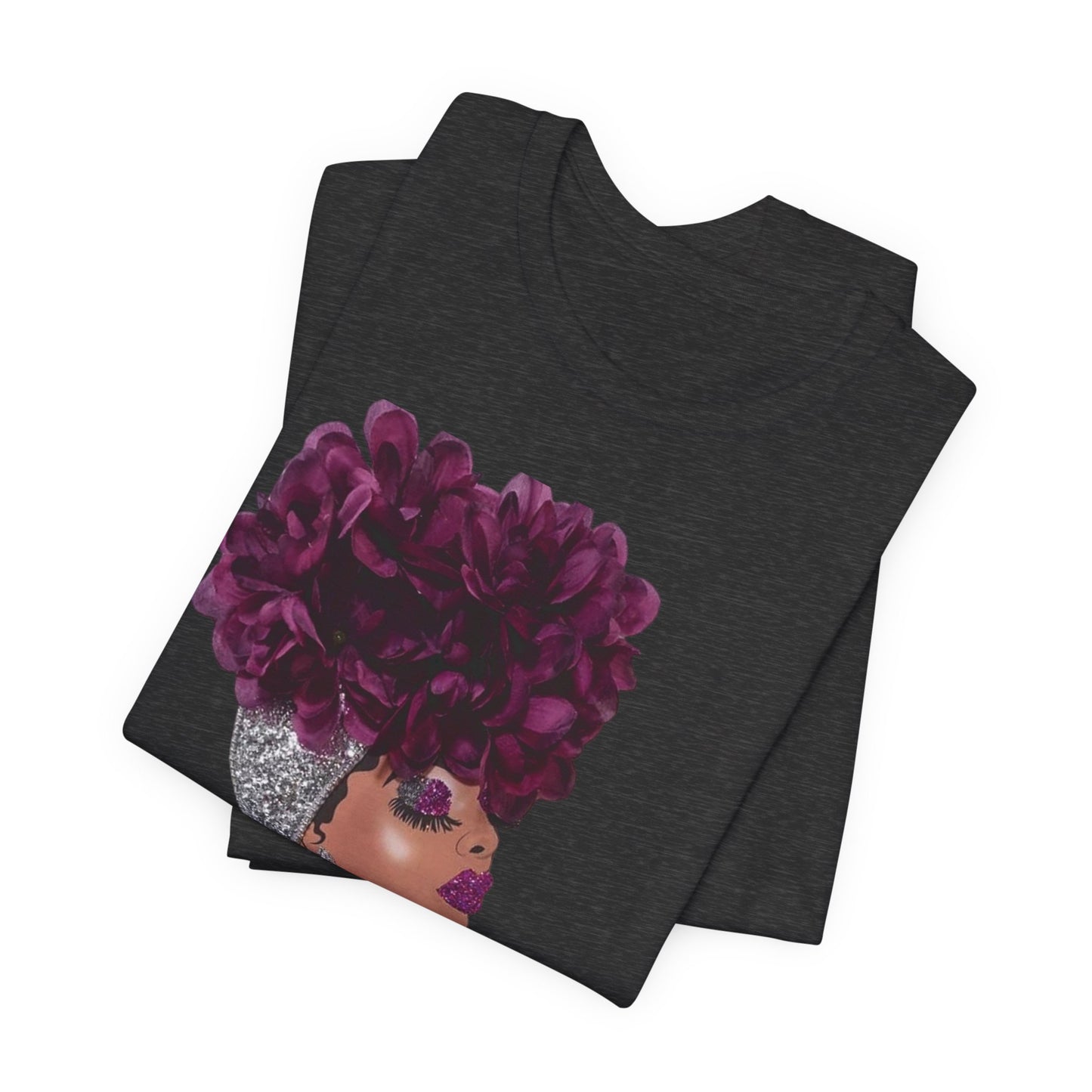 Floral Crown Fashion Tee — Glam Portrait Shirt with Purple Bloom Design