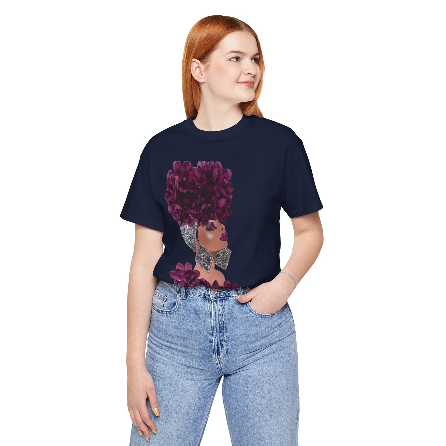 Floral Crown Fashion Tee — Glam Portrait Shirt with Purple Bloom Design