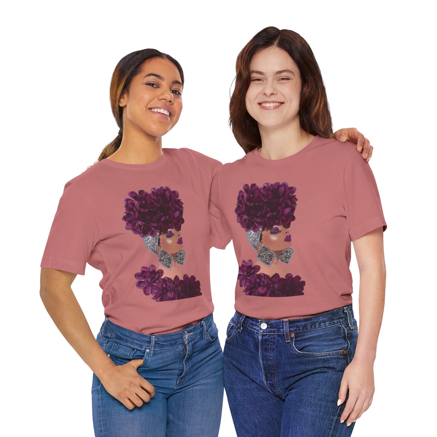 Floral Crown Fashion Tee — Glam Portrait Shirt with Purple Bloom Design