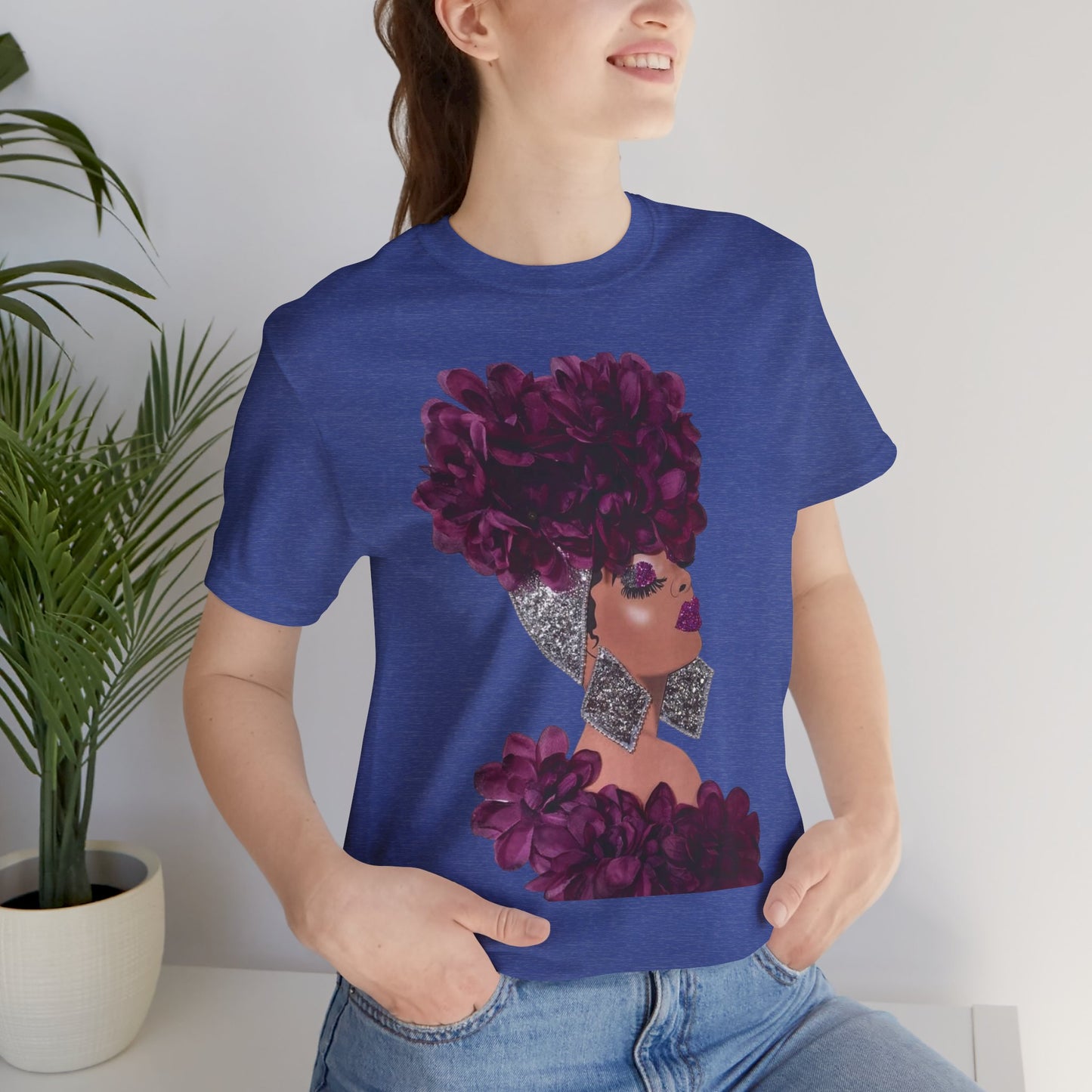 Floral Crown Fashion Tee — Glam Portrait Shirt with Purple Bloom Design