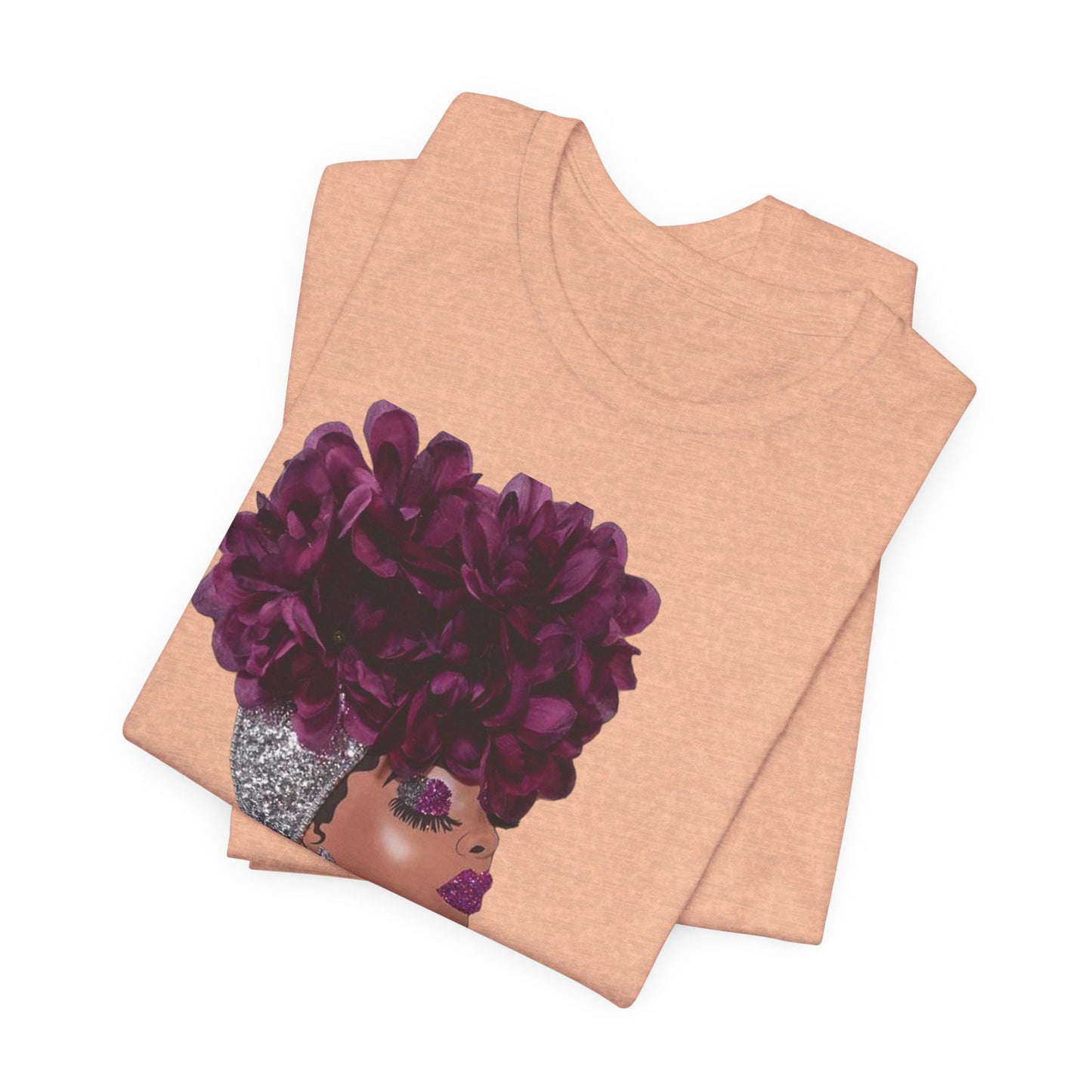 Floral Crown Fashion Tee — Glam Portrait Shirt with Purple Bloom Design