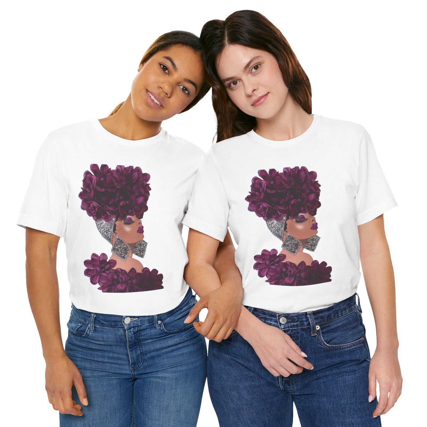 Floral Crown Fashion Tee — Glam Portrait Shirt with Purple Bloom Design