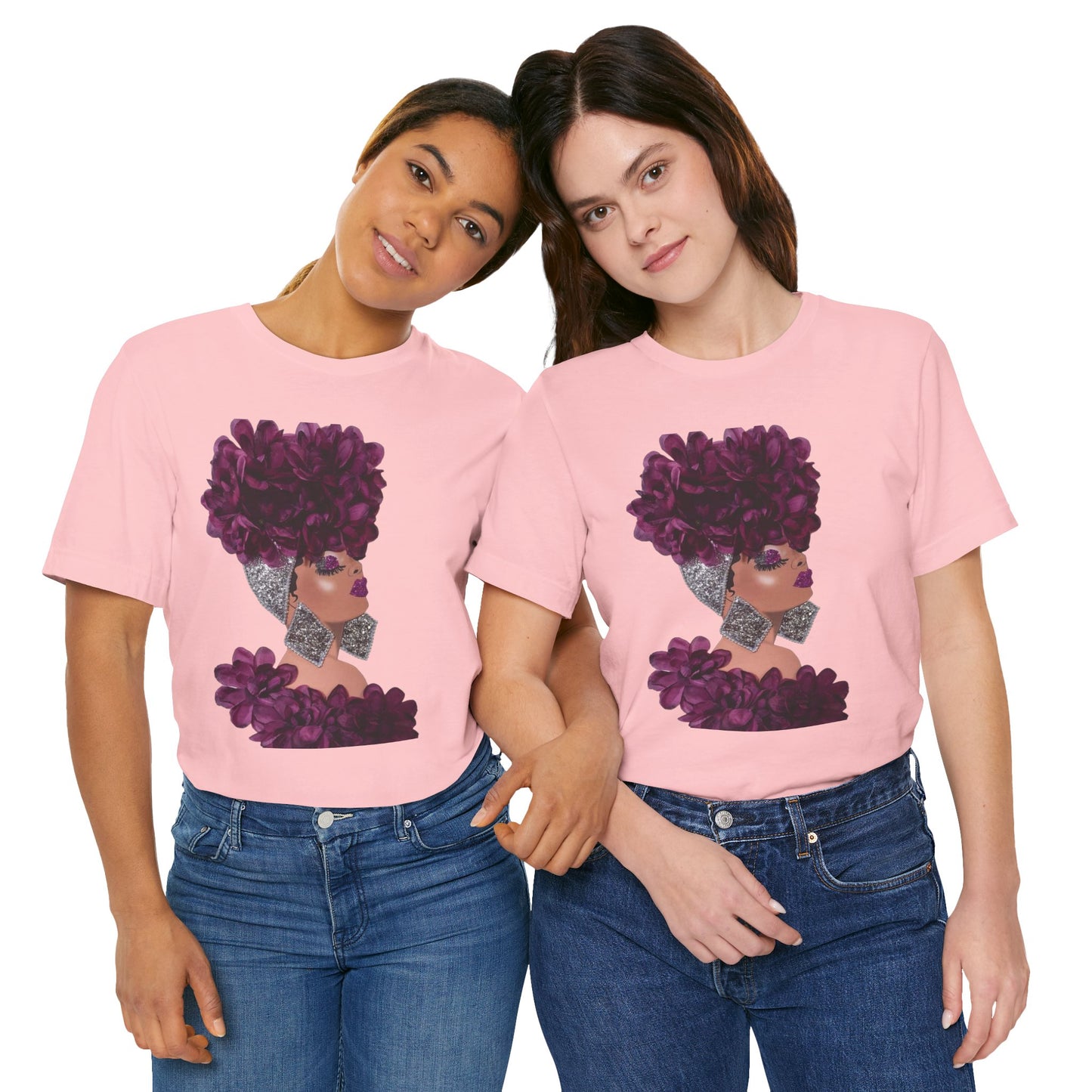 Floral Crown Fashion Tee — Glam Portrait Shirt with Purple Bloom Design