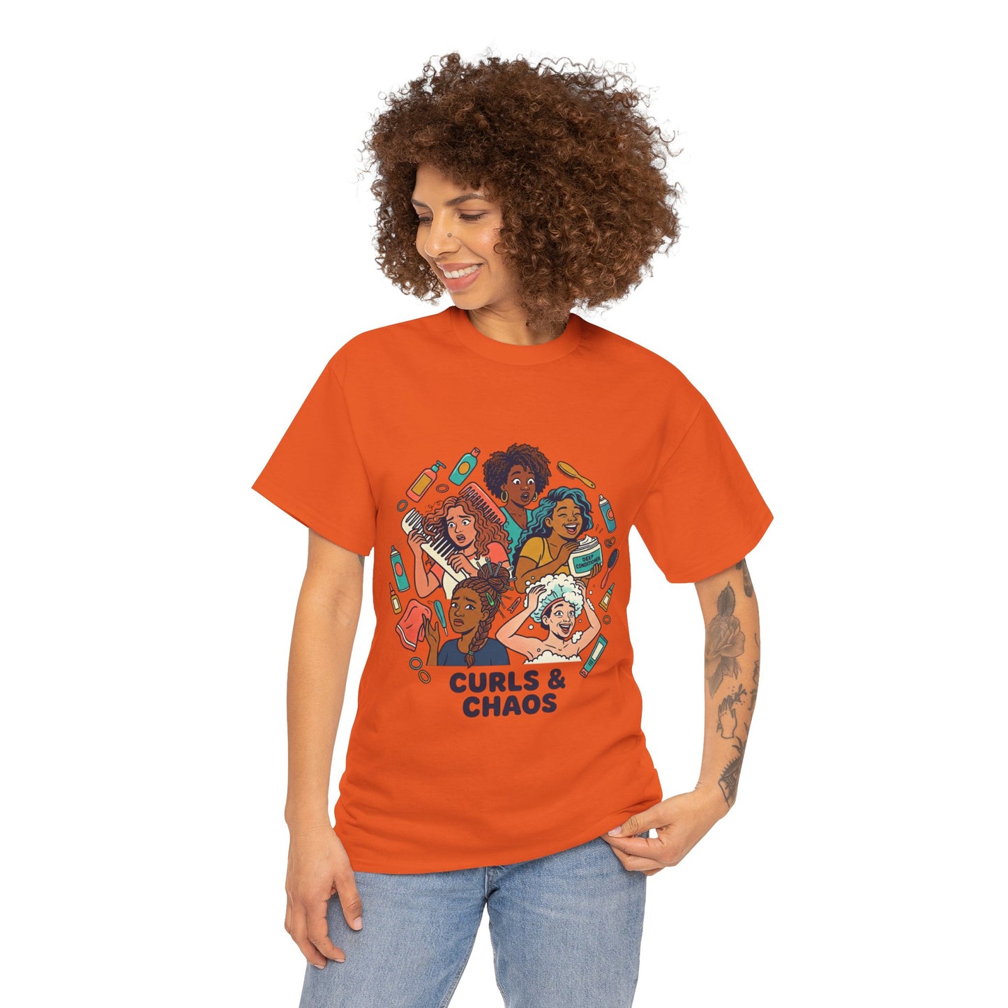 Curls & Chaos T-Shirt — Diverse Natural Hair Graphic Tee for Curly Hair Lovers