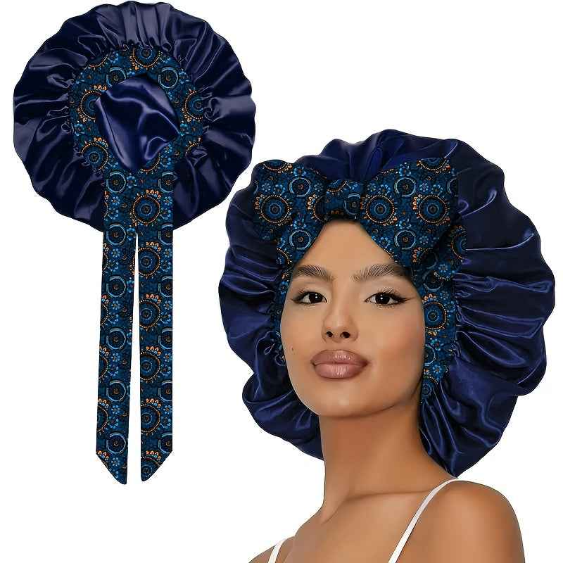 [Bohemian Bonnet] 1pc Soft Polyester Bohemian Style Adjustable Satin Bonnet | Long Ribbons, Sleep Cap, Fashionable Hair Care Bath Hat | No Fragrance
