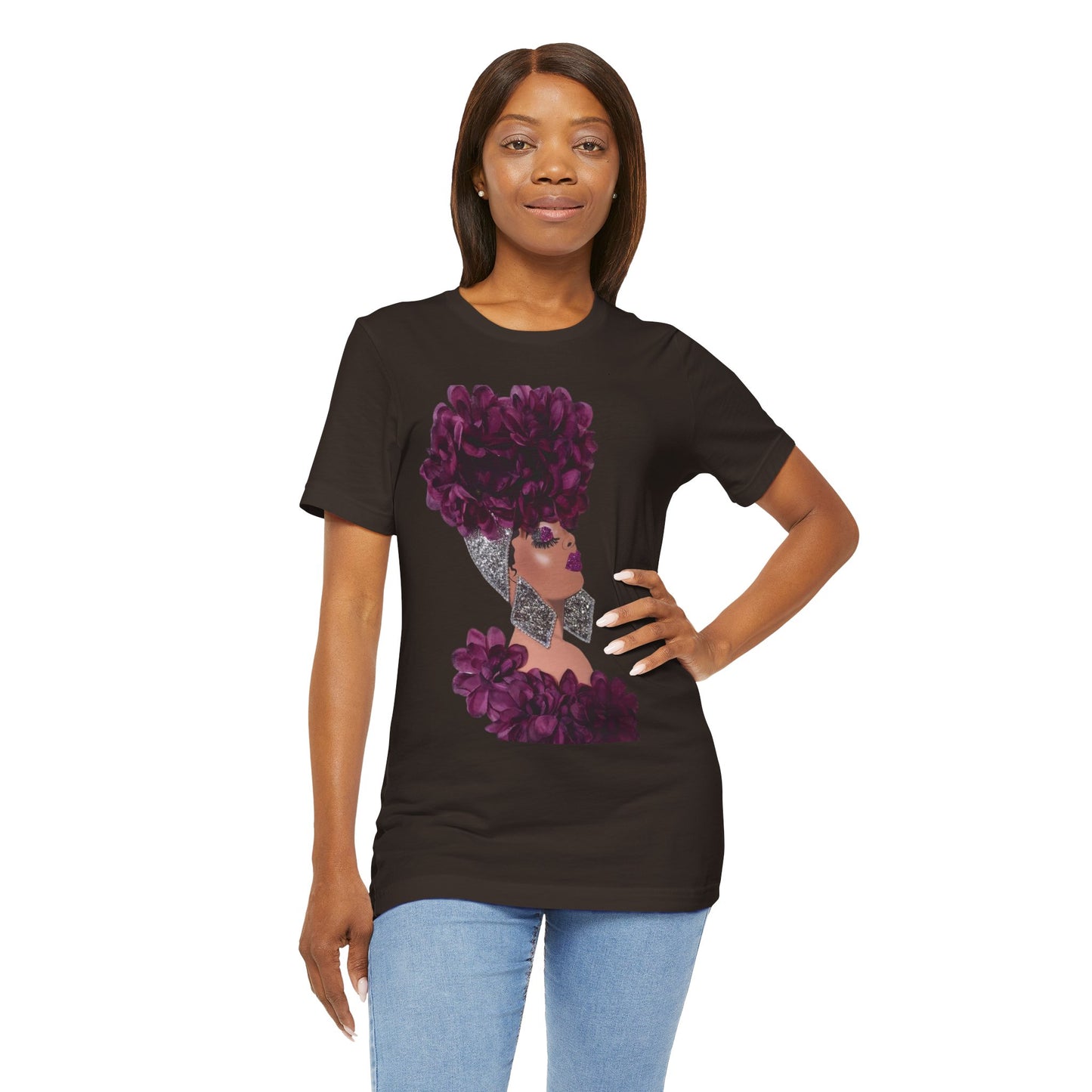 Floral Crown Fashion Tee — Glam Portrait Shirt with Purple Bloom Design