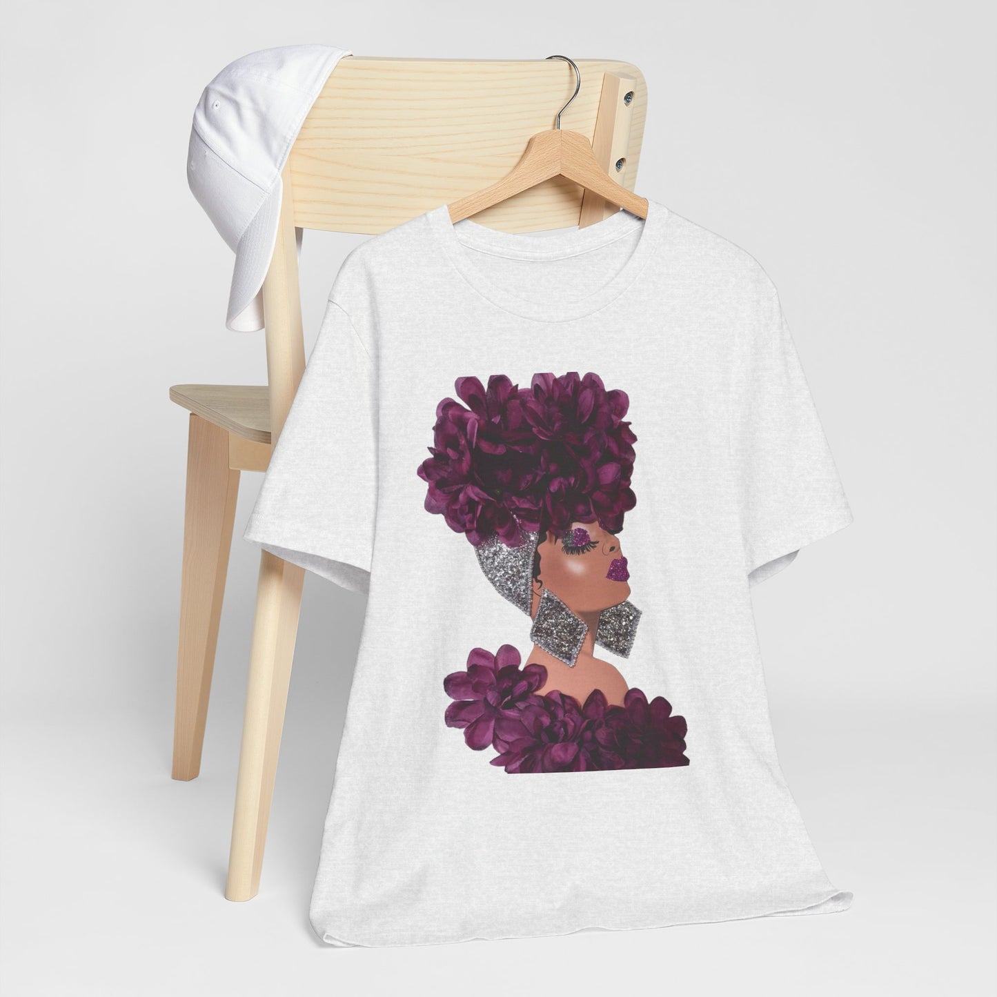 Floral Crown Fashion Tee — Glam Portrait Shirt with Purple Bloom Design