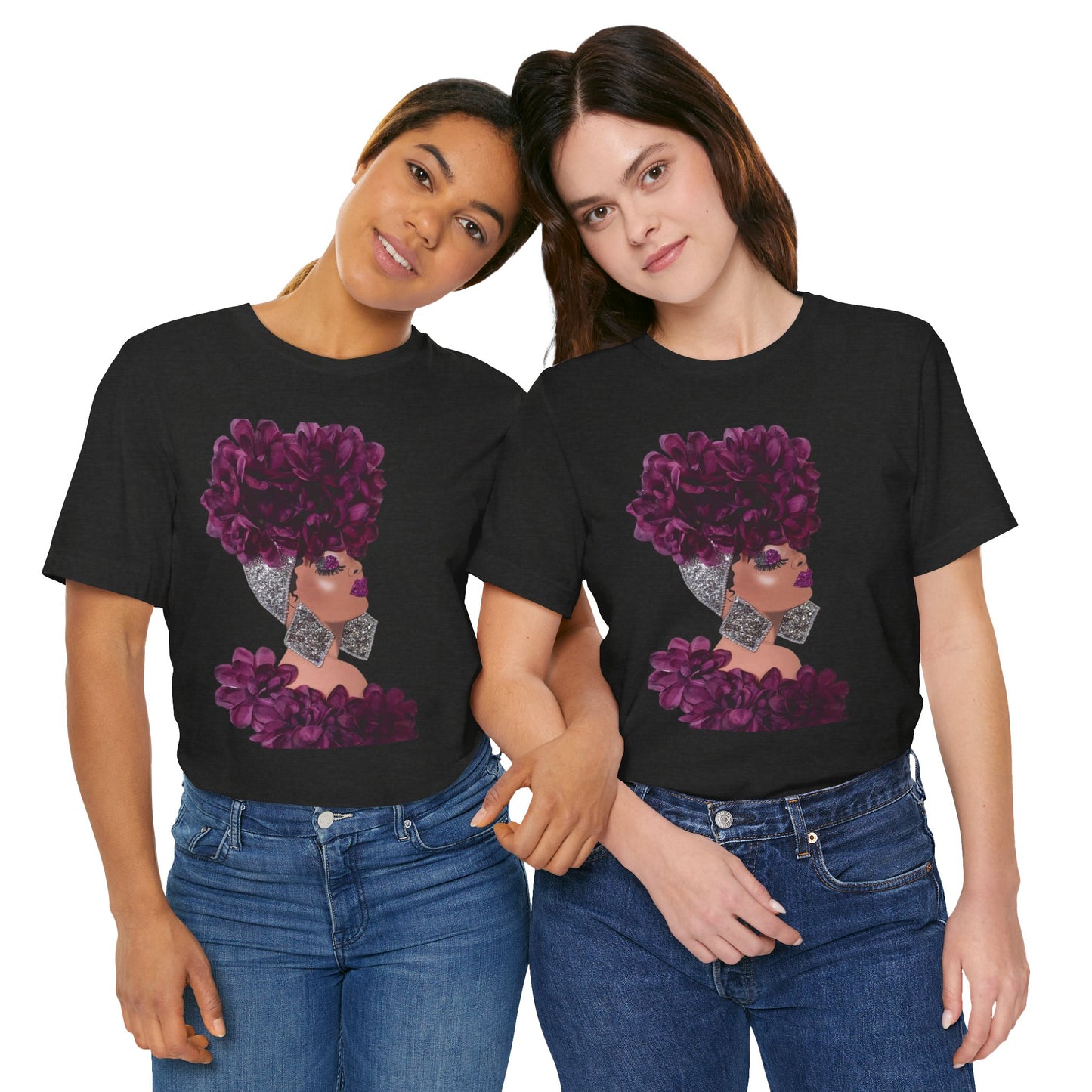 Floral Crown Fashion Tee — Glam Portrait Shirt with Purple Bloom Design