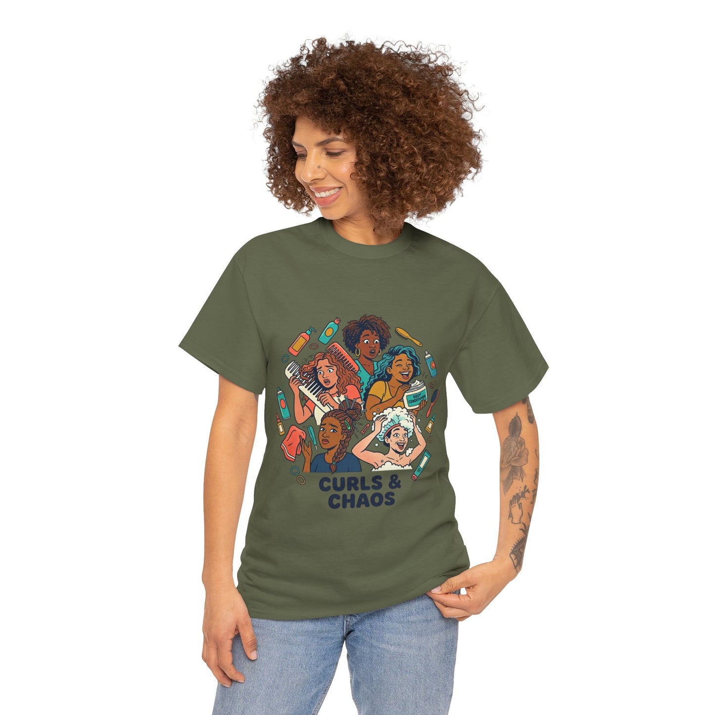 Curls & Chaos T-Shirt — Diverse Natural Hair Graphic Tee for Curly Hair Lovers