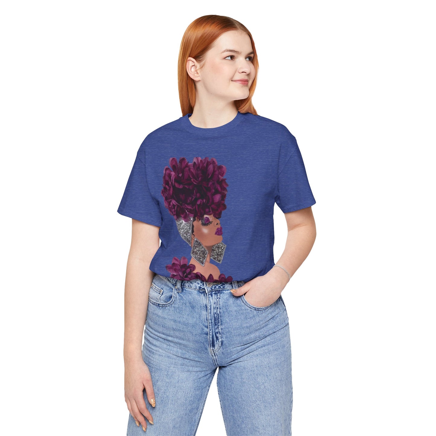 Floral Crown Fashion Tee — Glam Portrait Shirt with Purple Bloom Design