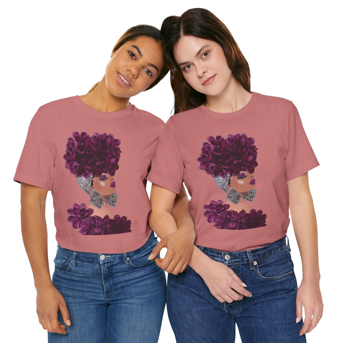Floral Crown Fashion Tee — Glam Portrait Shirt with Purple Bloom Design