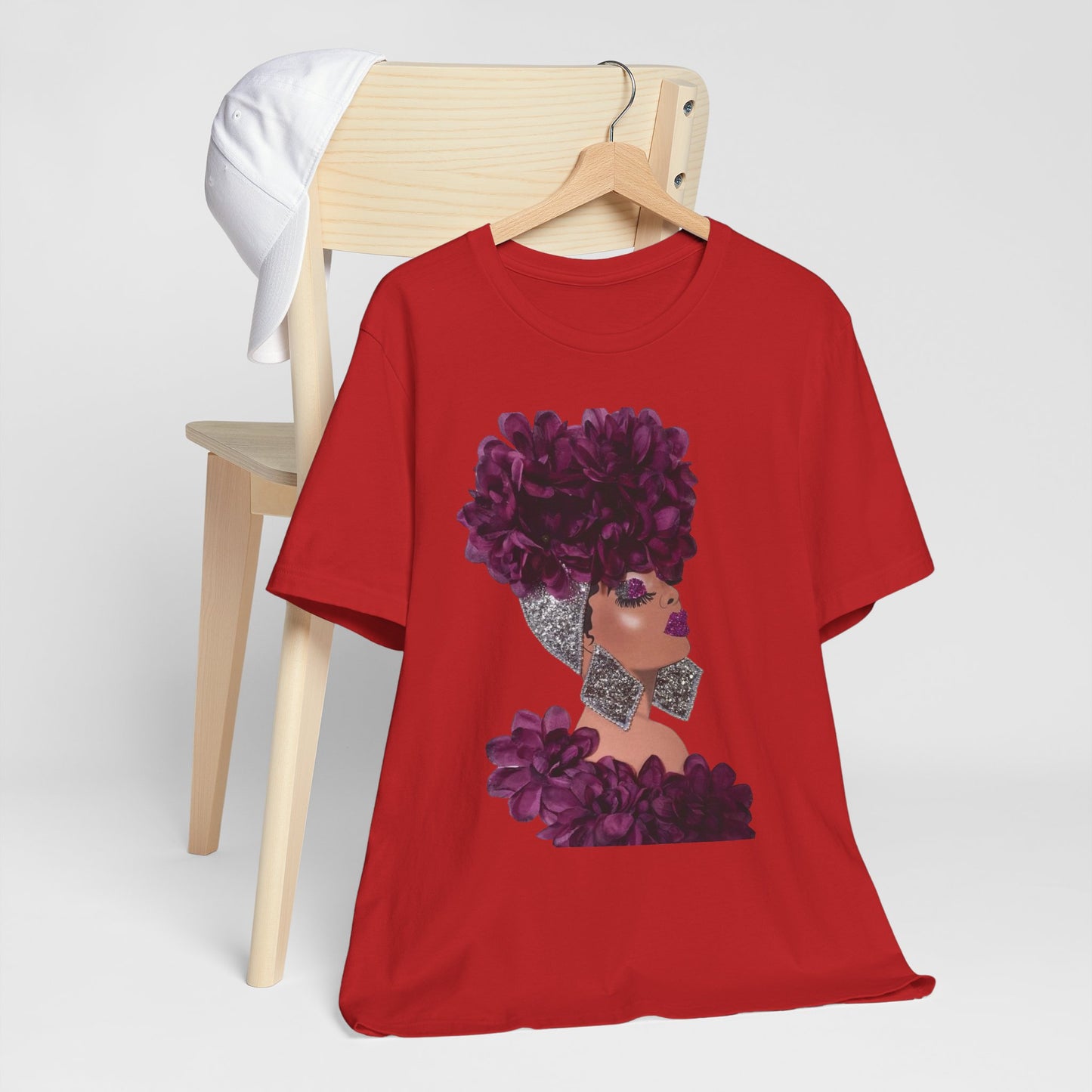 Floral Crown Fashion Tee — Glam Portrait Shirt with Purple Bloom Design