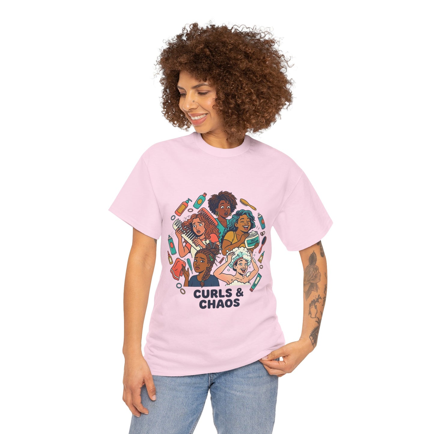 Curls & Chaos T-Shirt — Diverse Natural Hair Graphic Tee for Curly Hair Lovers