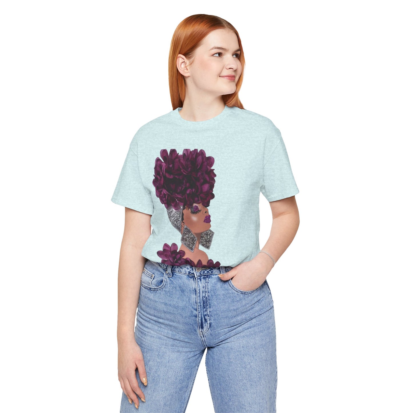 Floral Crown Fashion Tee — Glam Portrait Shirt with Purple Bloom Design