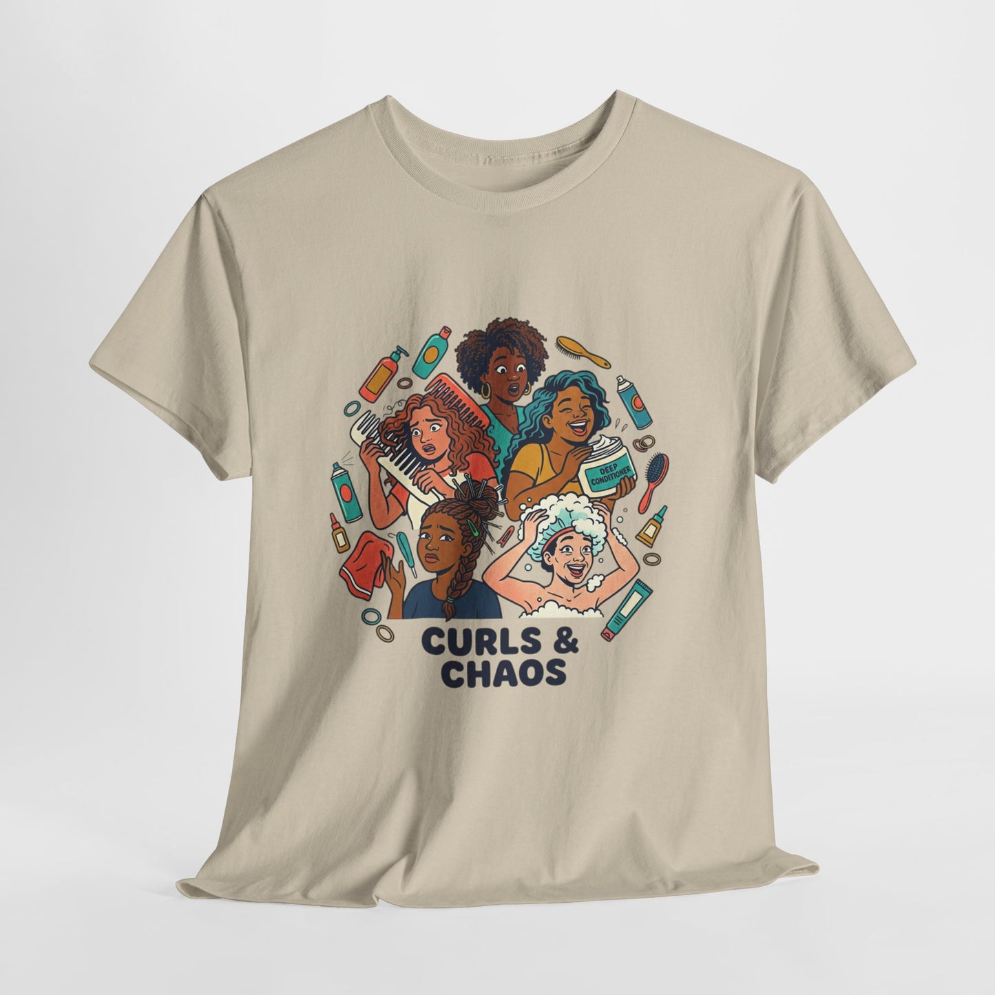 Curls & Chaos T-Shirt — Diverse Natural Hair Graphic Tee for Curly Hair Lovers